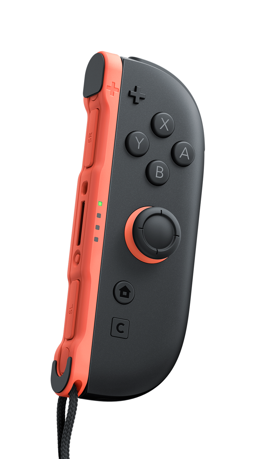 Siyah ve mercan rengi bir Nintendo Switch Joy-Con kontrol cihazı, düğmeler görünür durumda.