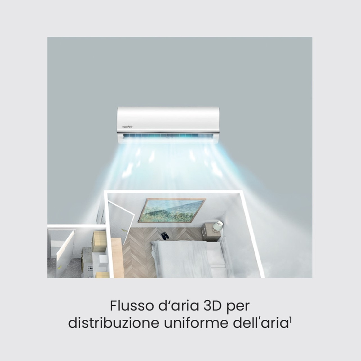 Un condizionatore che soffia aria in una stanza con una camera da letto, un dipinto e una lampada.