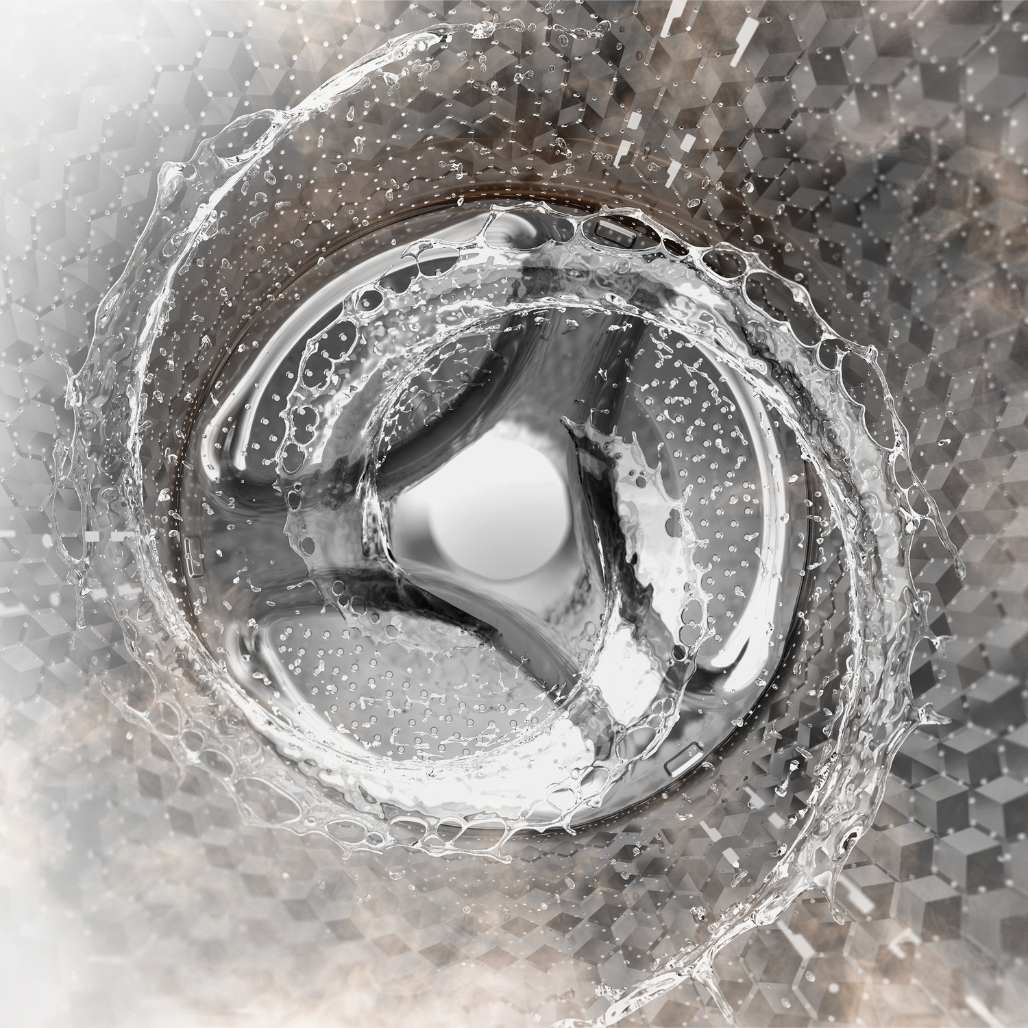 Acqua che vortica all'interno del cestello di una lavatrice. Cestello in acciaio inossidabile con schizzi d'acqua.