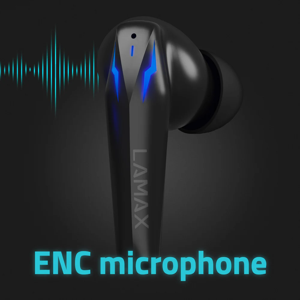 Fekete LAMAX fülhallgató kék díszítéssel, hanghullám grafikával és 'ENC microphone' felirattal.