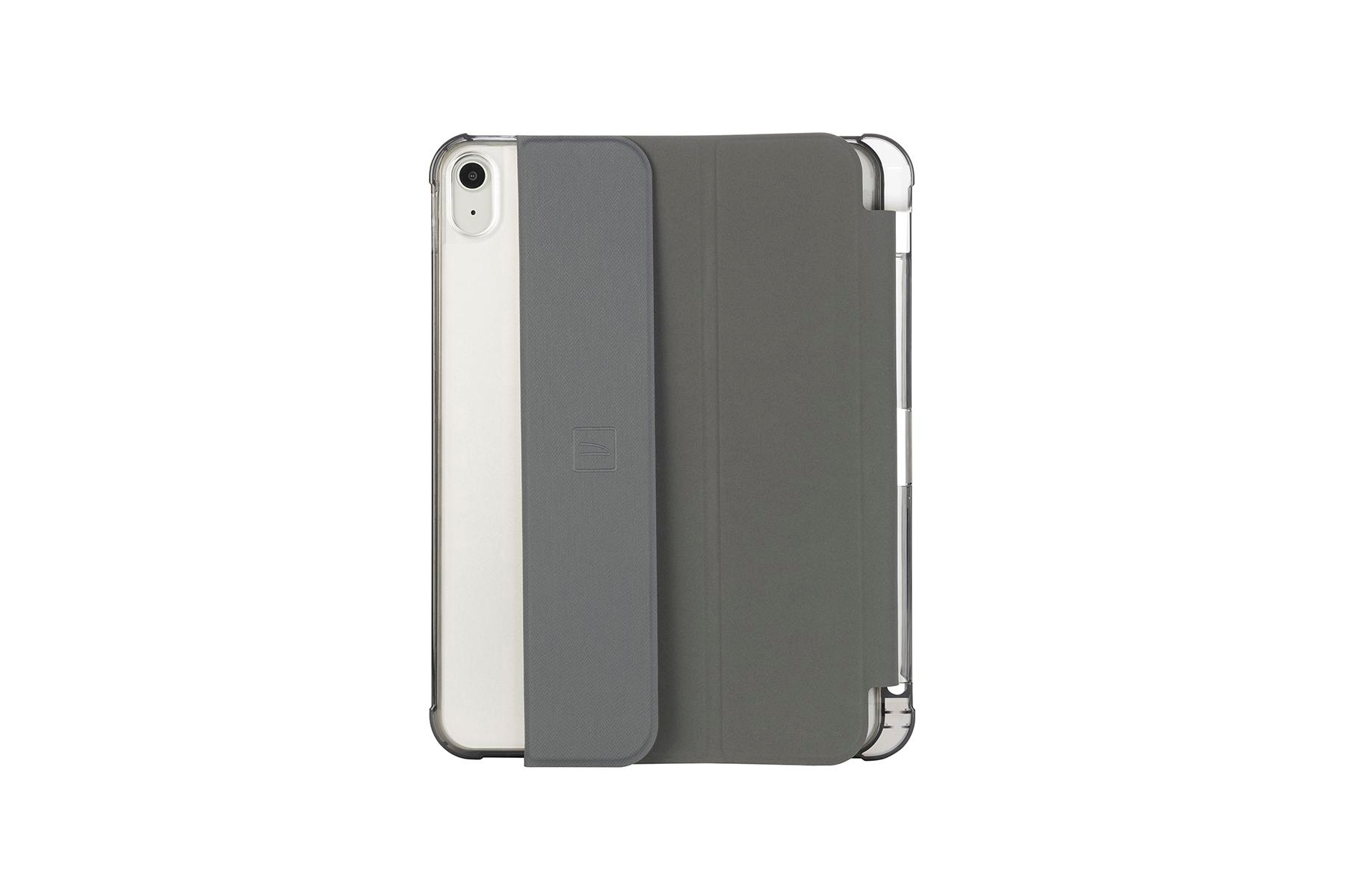 Tablet in grauem Case mit Klappe. Das Tablet ist weiß mit Kamera. Das Case ist grau und offen. Weißer Hintergrund.