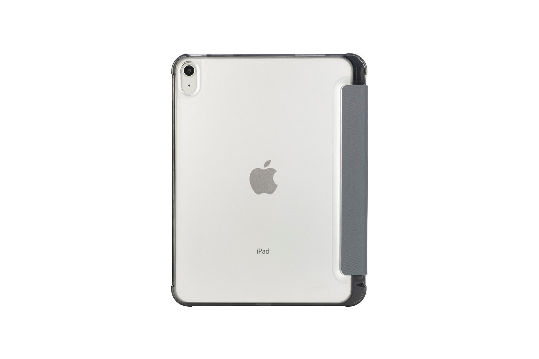 iPad in einer durchsichtigen Hülle mit grauem Cover. Apple-Logo in der Mitte. Kamera in der oberen linken Ecke. Weißer Hintergrund.