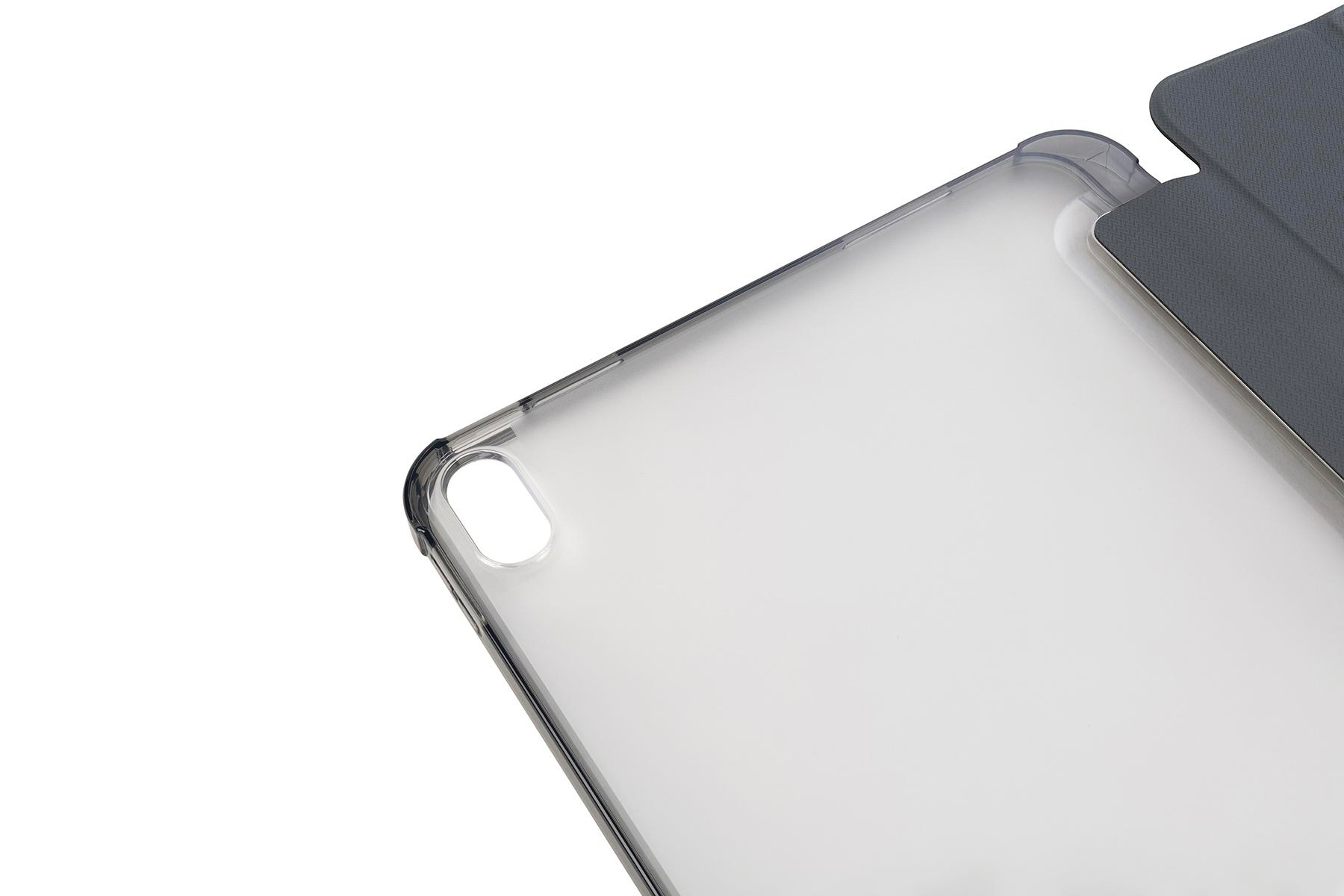 Transparente Tablethülle mit grauem Cover auf weißem Hintergrund. Die Hülle ist transparent. Das Cover ist oben rechts.