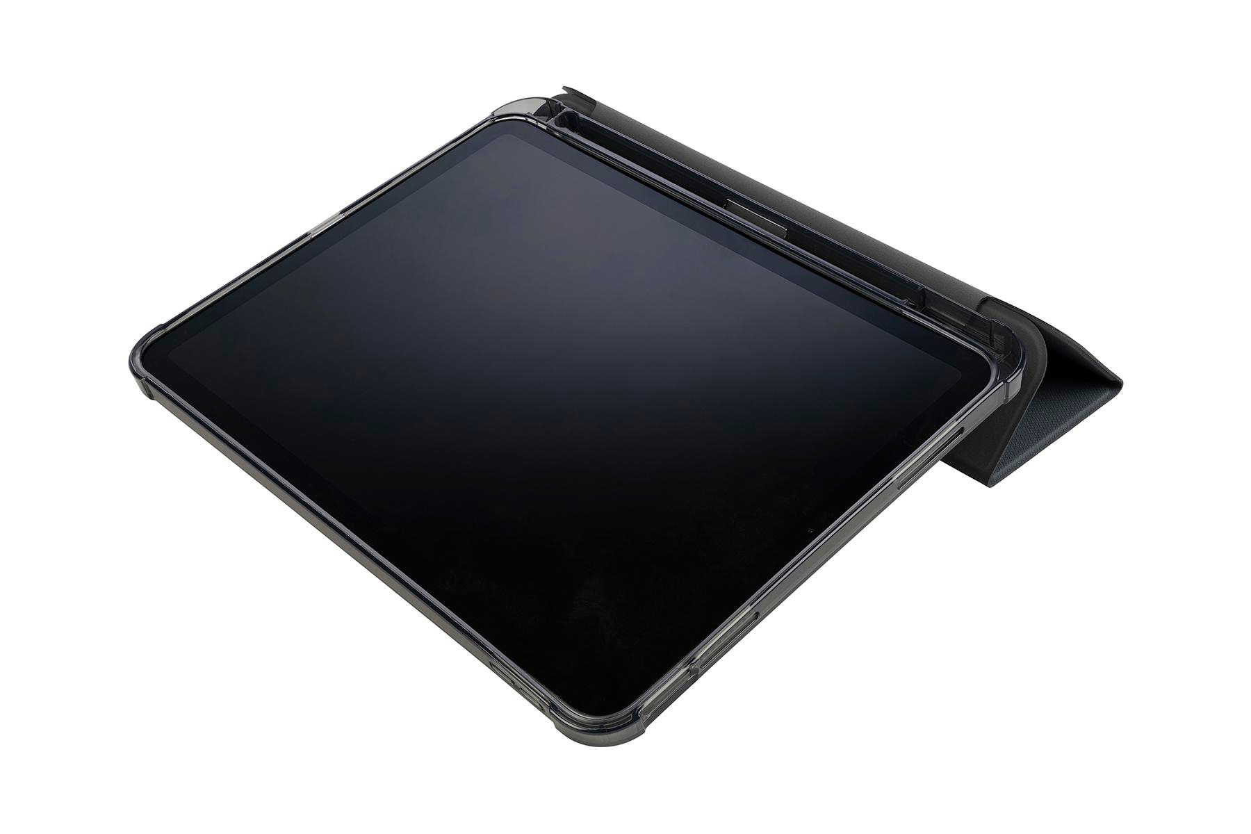 Tablet mit geöffneter Hülle. Der Bildschirm ist schwarz. Die Hülle liegt an der Seite.
