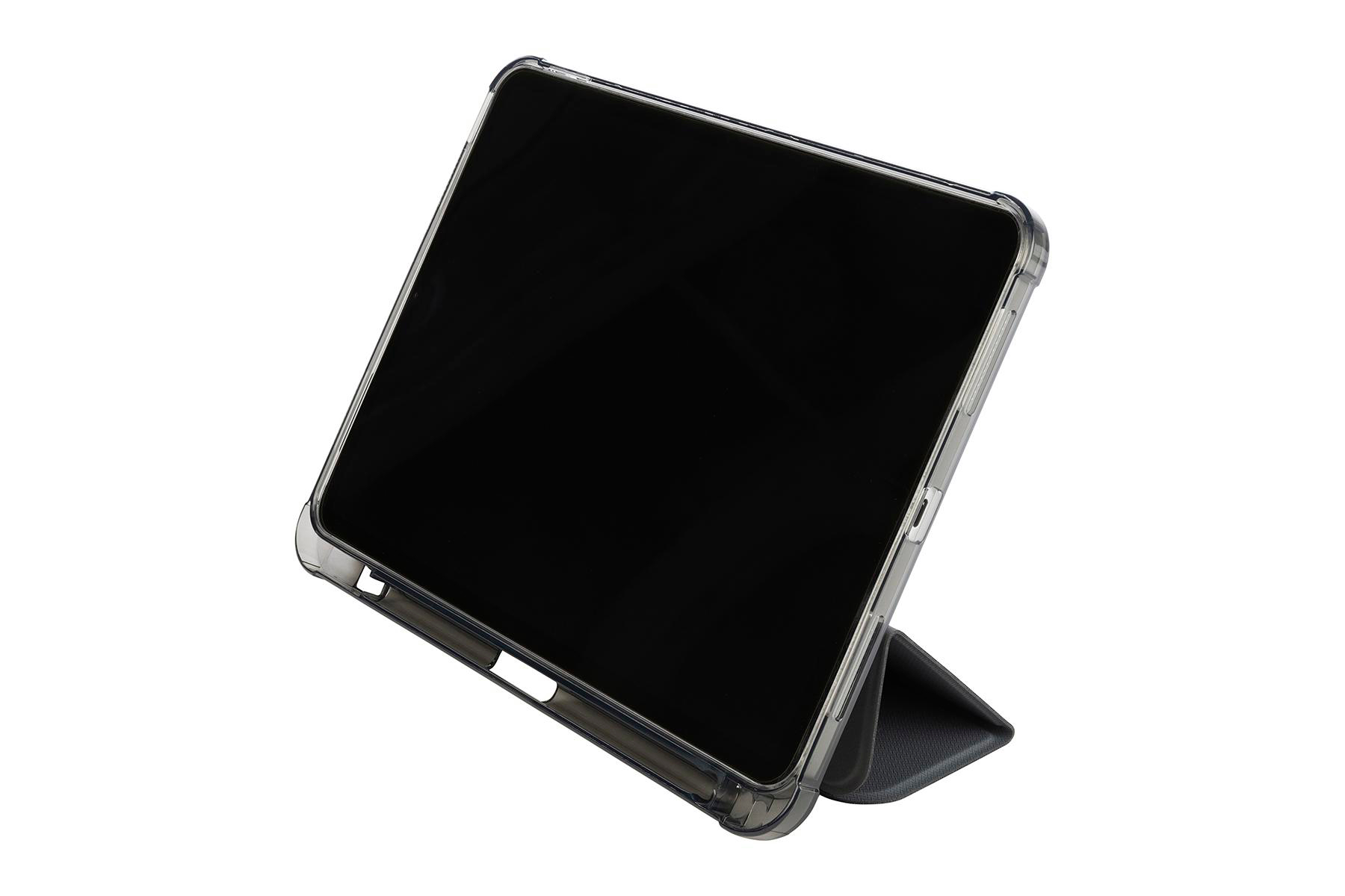 Tablet im Gehäuse, hochgestellt. Schwarzer Bildschirm. Gehäuse ist transparent. Weißer Hintergrund.