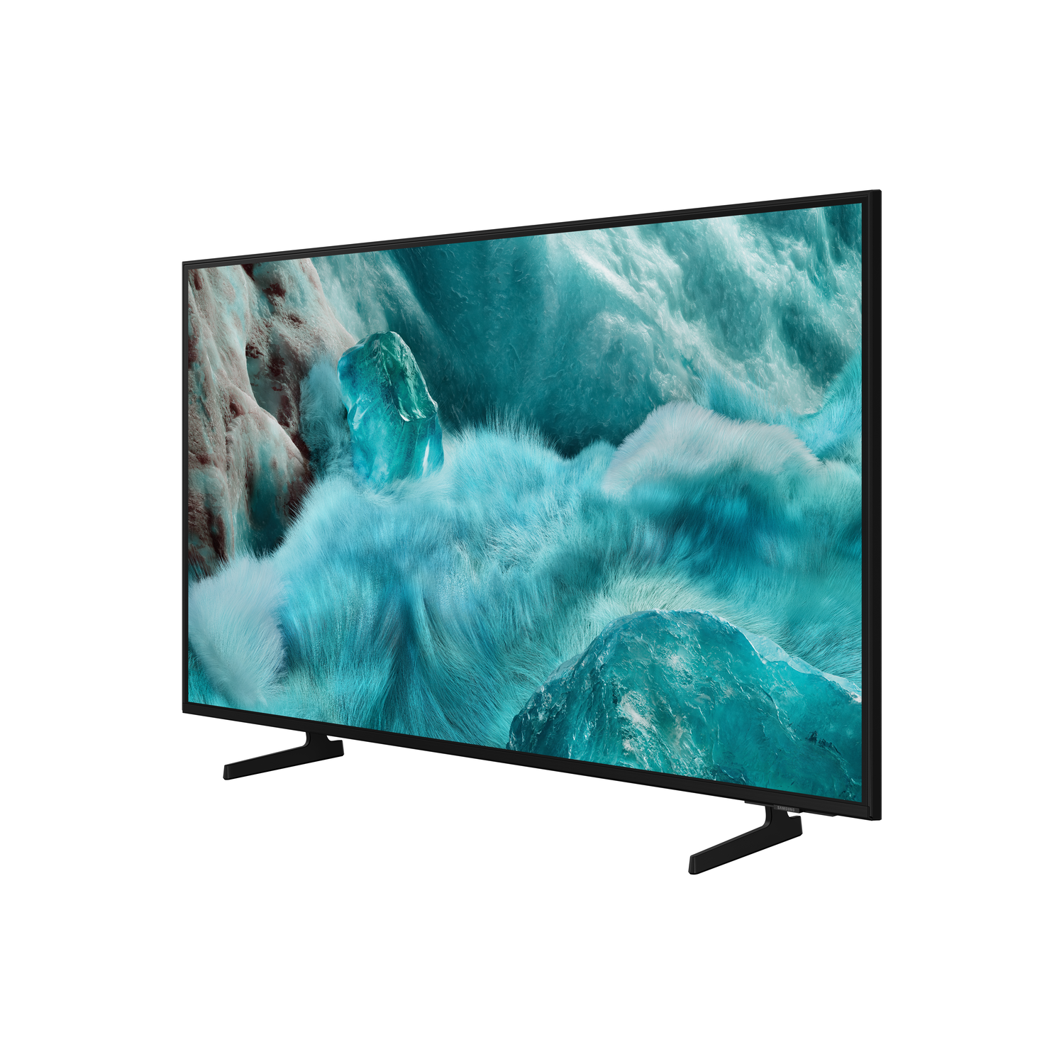 TV met wolkachtige blauw-witte achtergrond. Zwart frame en standaard. Schuine weergave.