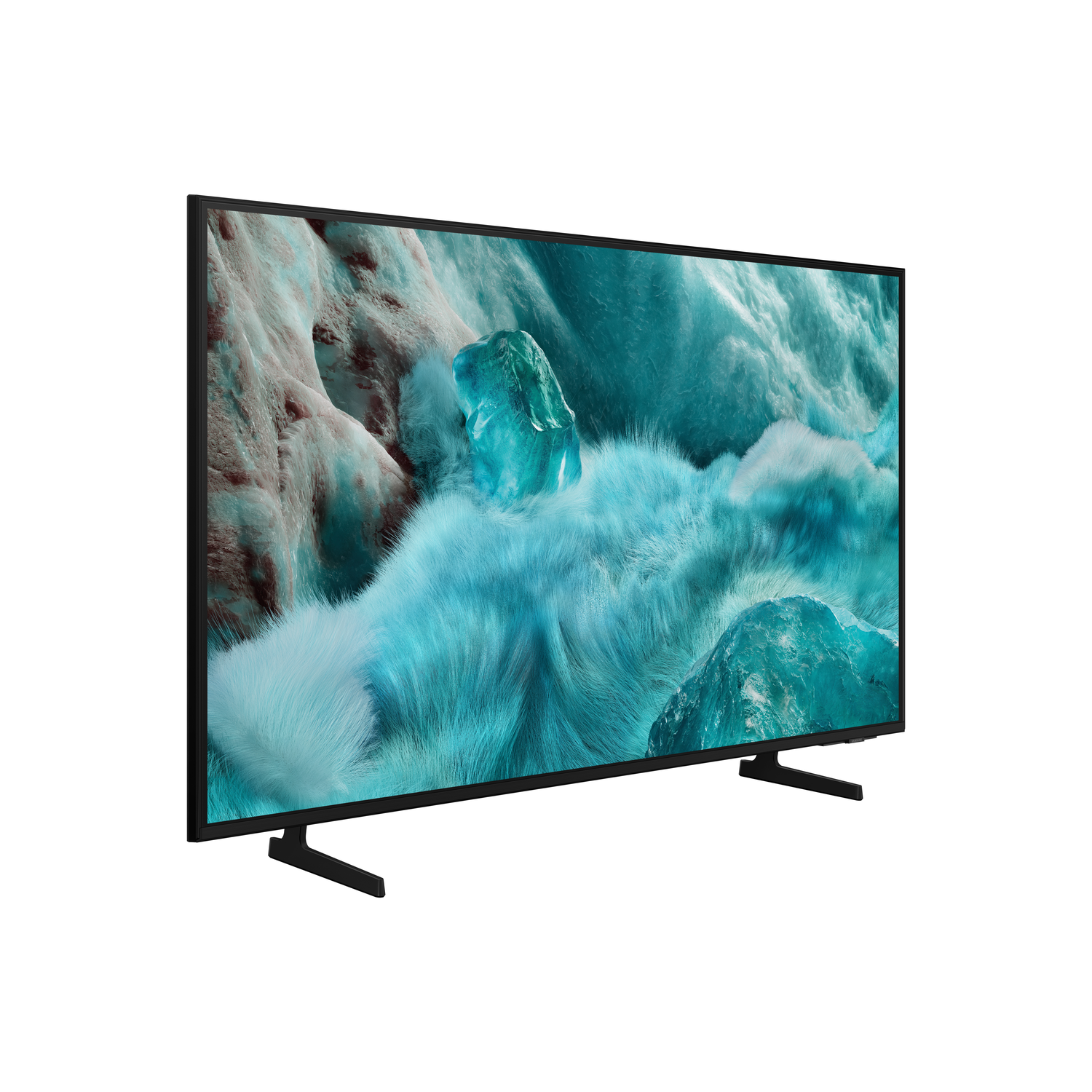Een grote zwarte tv die een blauwe en witte, abstracte afbeelding weergeeft. De tv staat op een zwarte standaard.