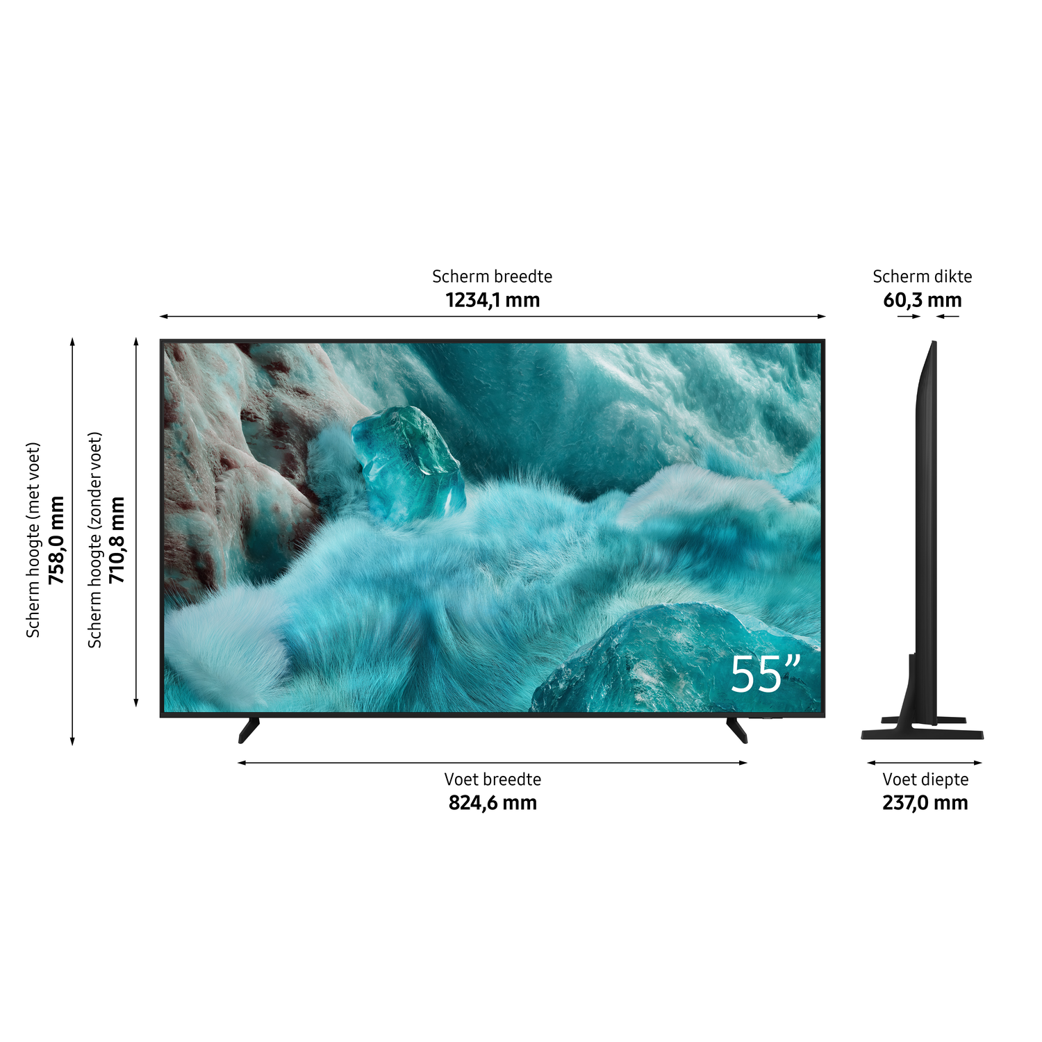 Een 55-inch tv met afmetingen weergegeven; het scherm toont een ijzige, blauw getinte afbeelding.
