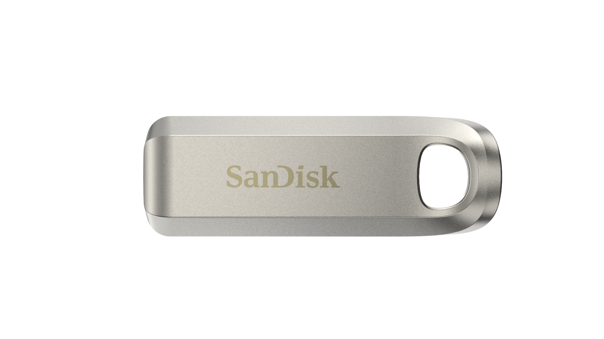 Ein silberner SanDisk USB-Stick auf schwarzem Hintergrund, der das Logo der Marke zeigt.