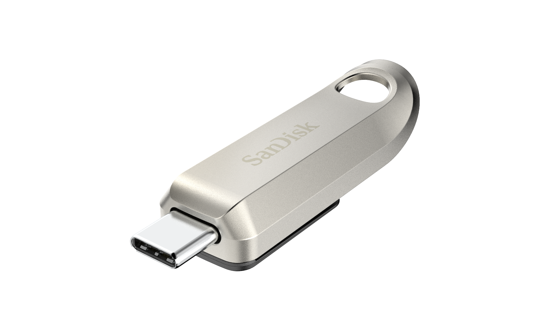 Silberner USB-C-Stick auf schwarzem Hintergrund, nach links geneigt.