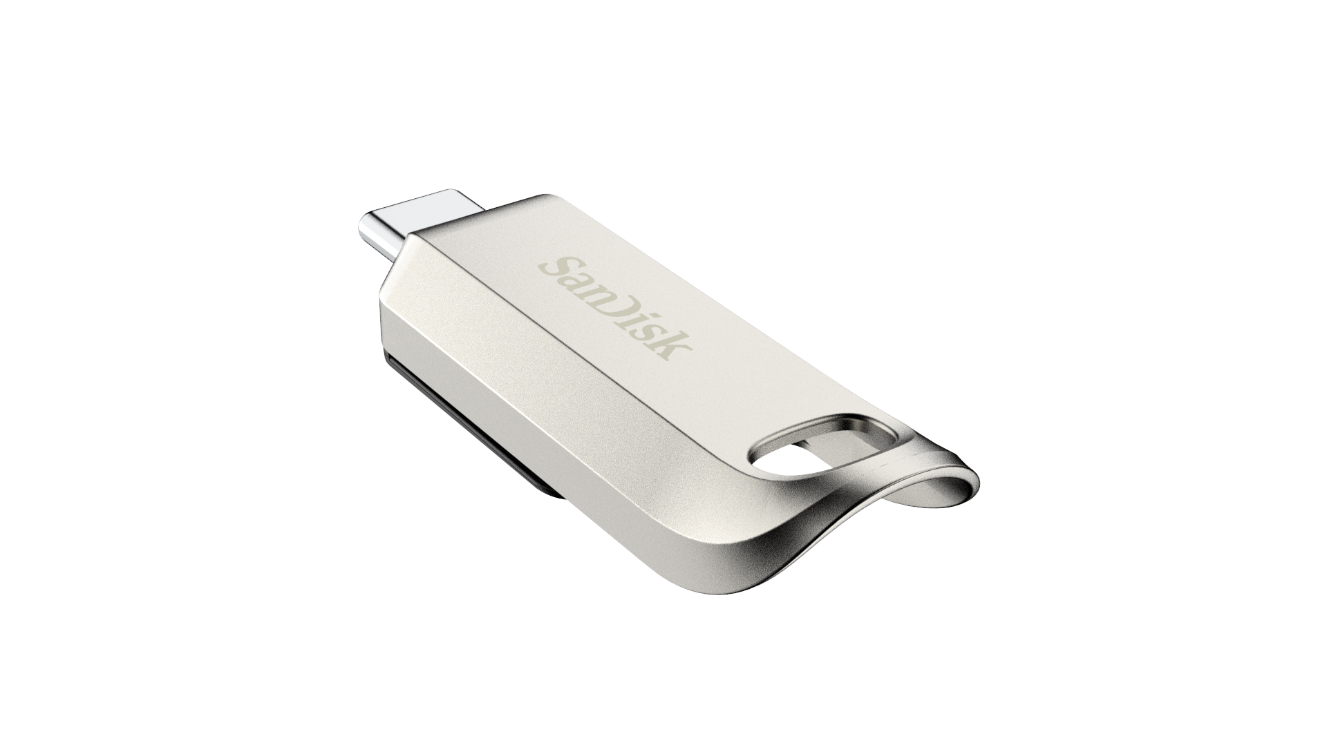 Silberner USB-C-Stick auf schwarzem Hintergrund, nach links geneigt.