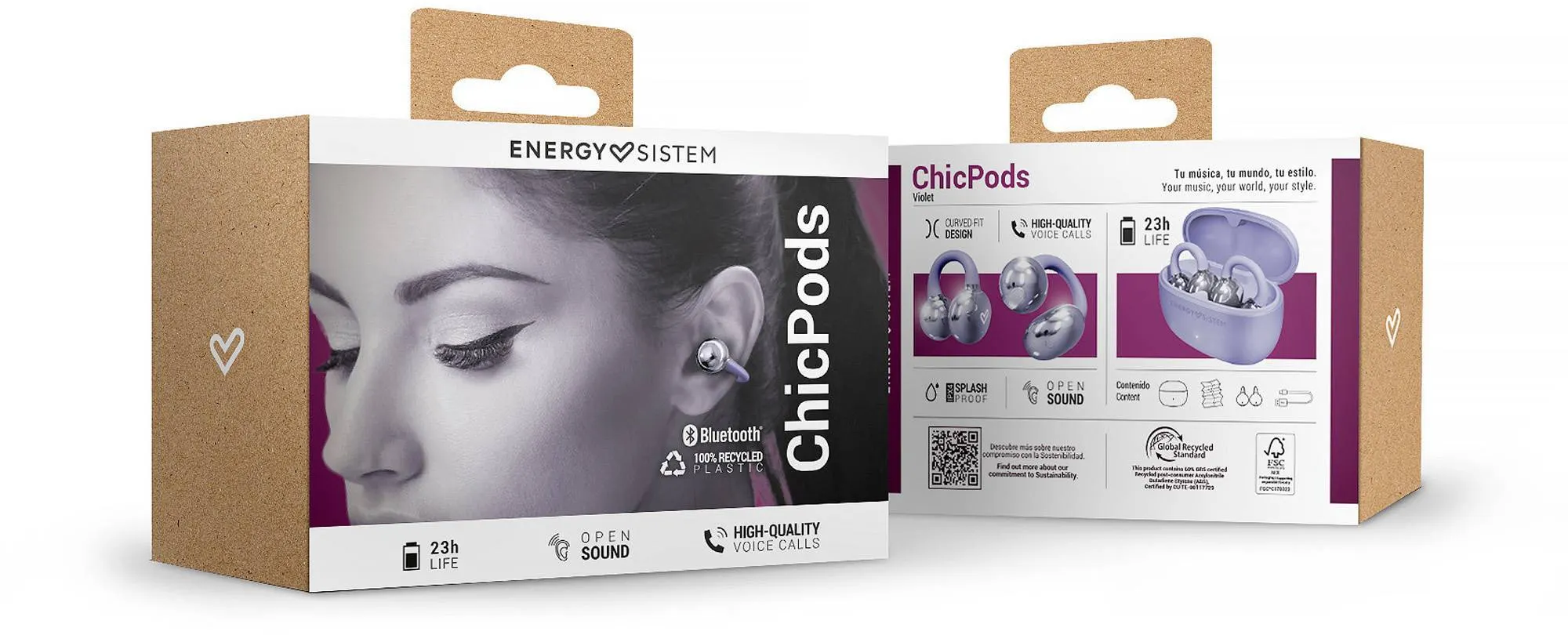 ChicPods fülhallgató doboza. A dobozon a fülhallgatók és a termék jellemzői láthatók.