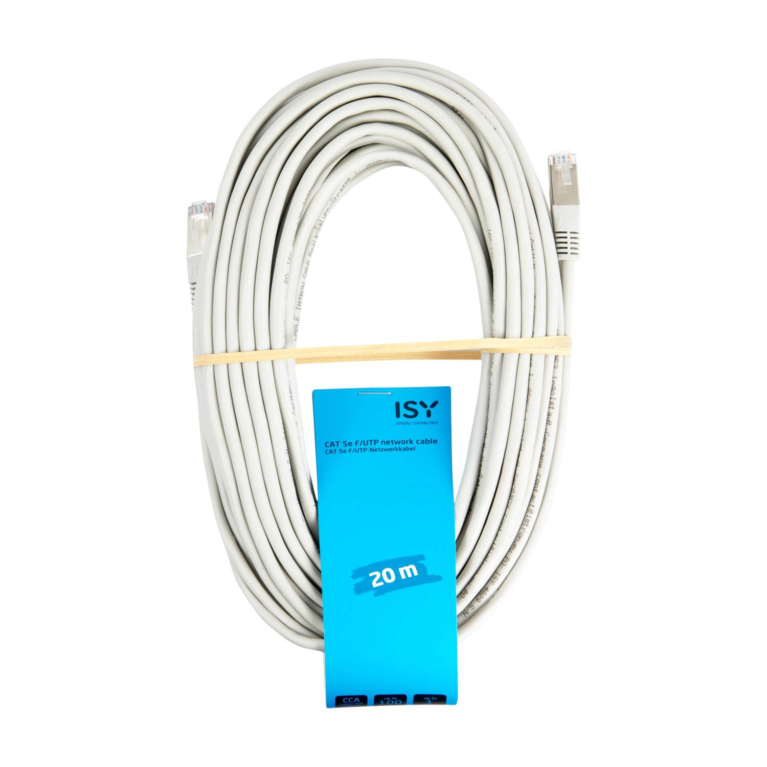 Un cavo Ethernet bianco arrotolato con scatola blu e testo. Lo sfondo è bianco.
