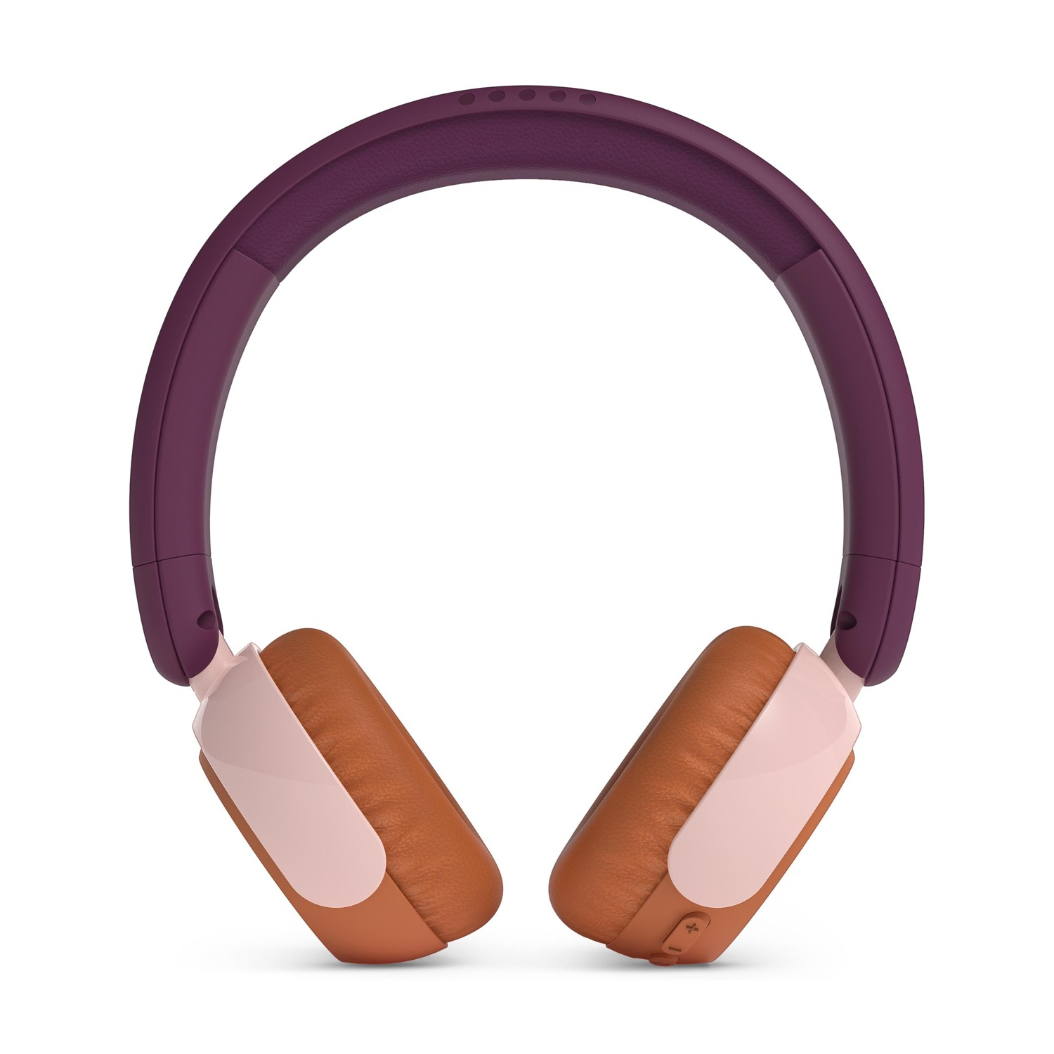 Cuffie viola e marroni su sfondo bianco. L'archetto è viola, i padiglioni sono marroni con accenti rosa.
