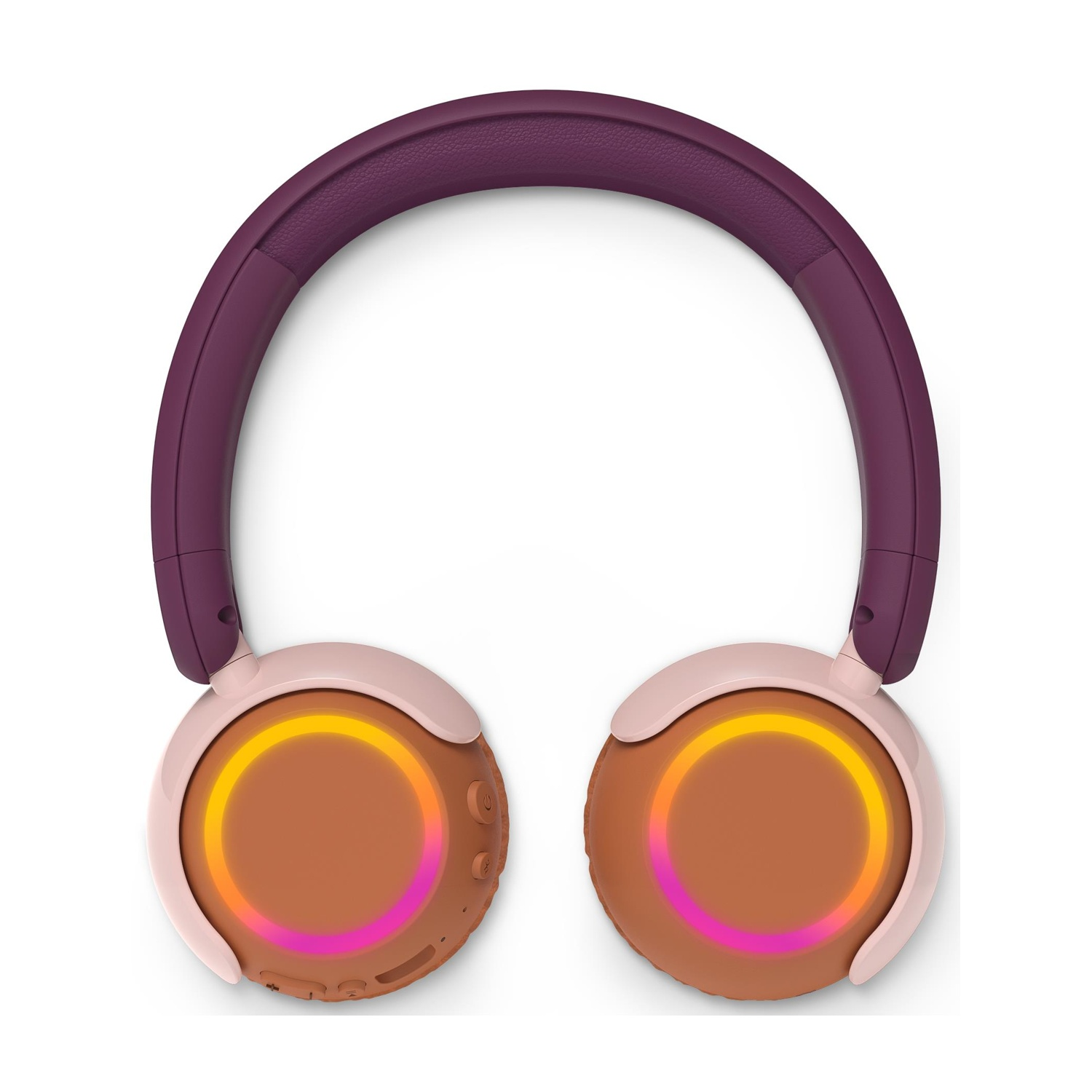 Primo piano delle cuffie con padiglioni marroni, dettagli rosa e archetto viola.
