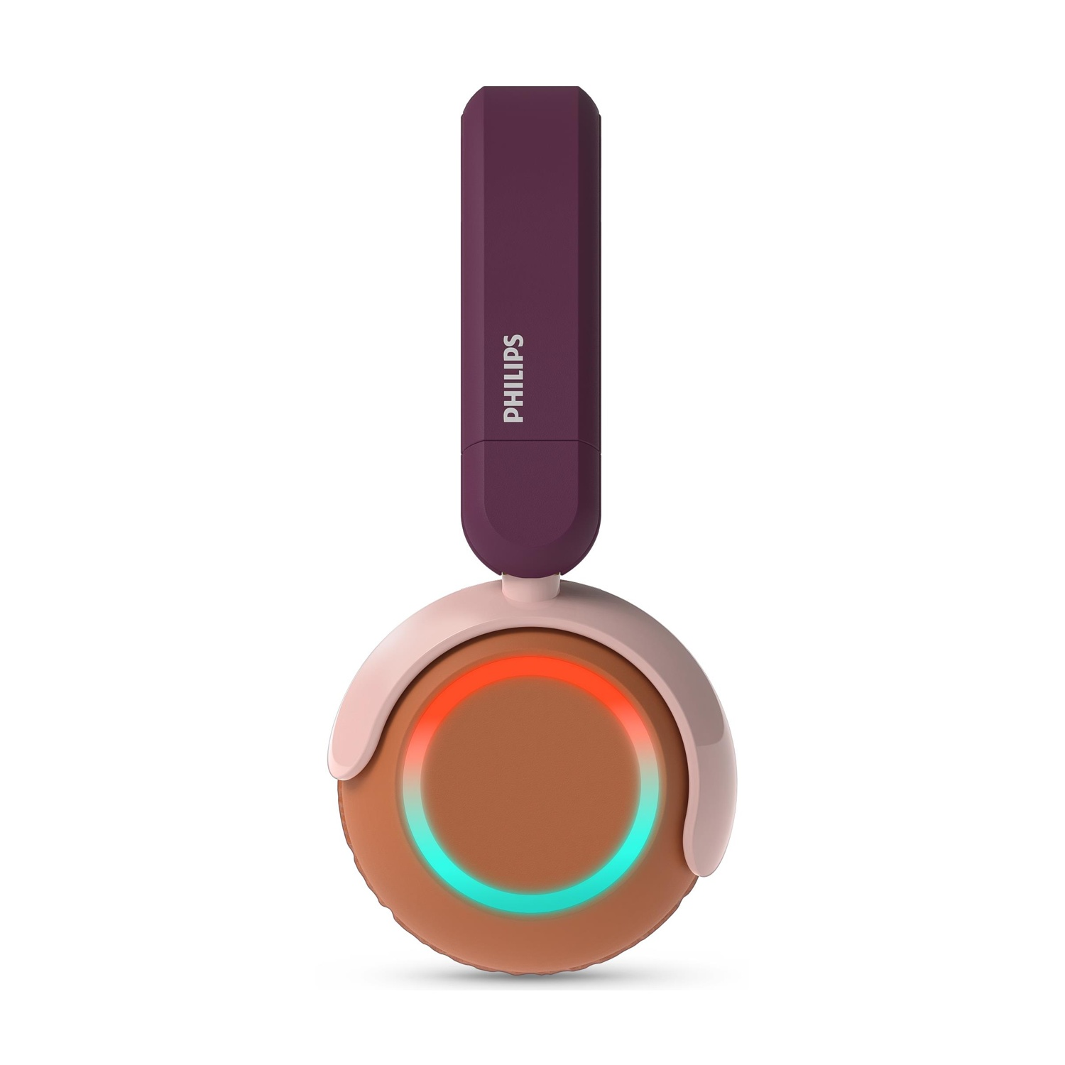 Un paio di cuffie Philips. Padiglioni marroni con luce rossa e verde. Fascia viola. Sfondo bianco.
