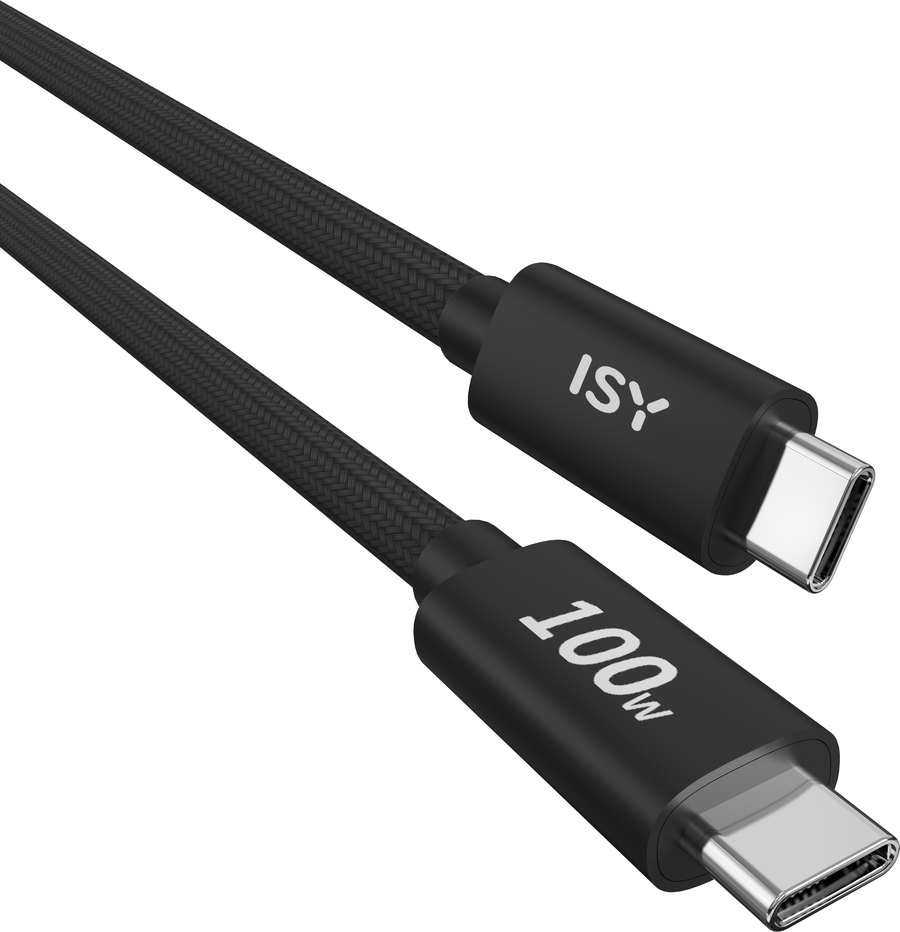 Un cavo USB-C nero con 'ISY' e '100W' stampati, su sfondo scuro.