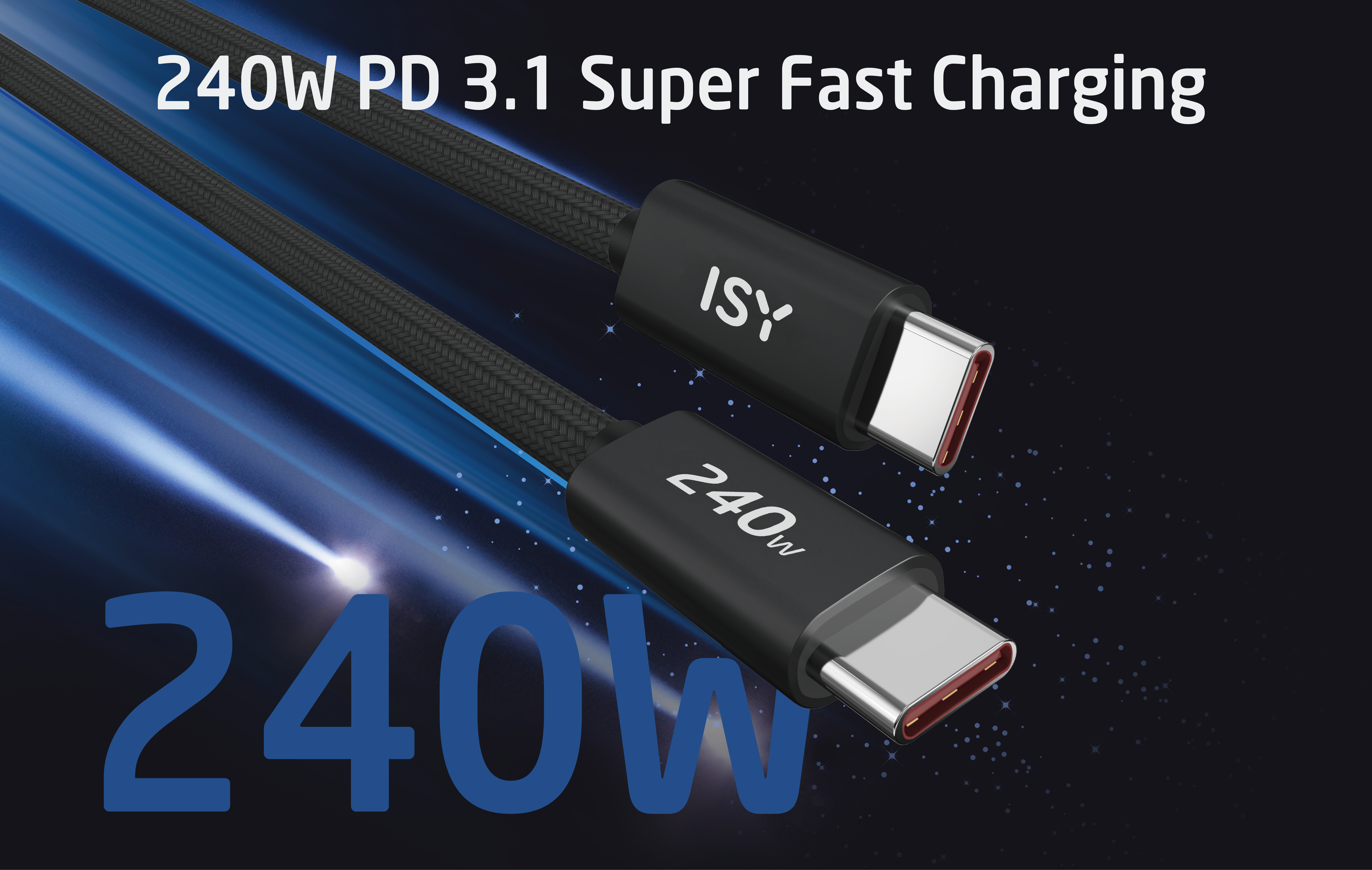 Due cavi USB-C con testo '240W' e '240W PD 3.1 Super Fast Charging' su sfondo blu.