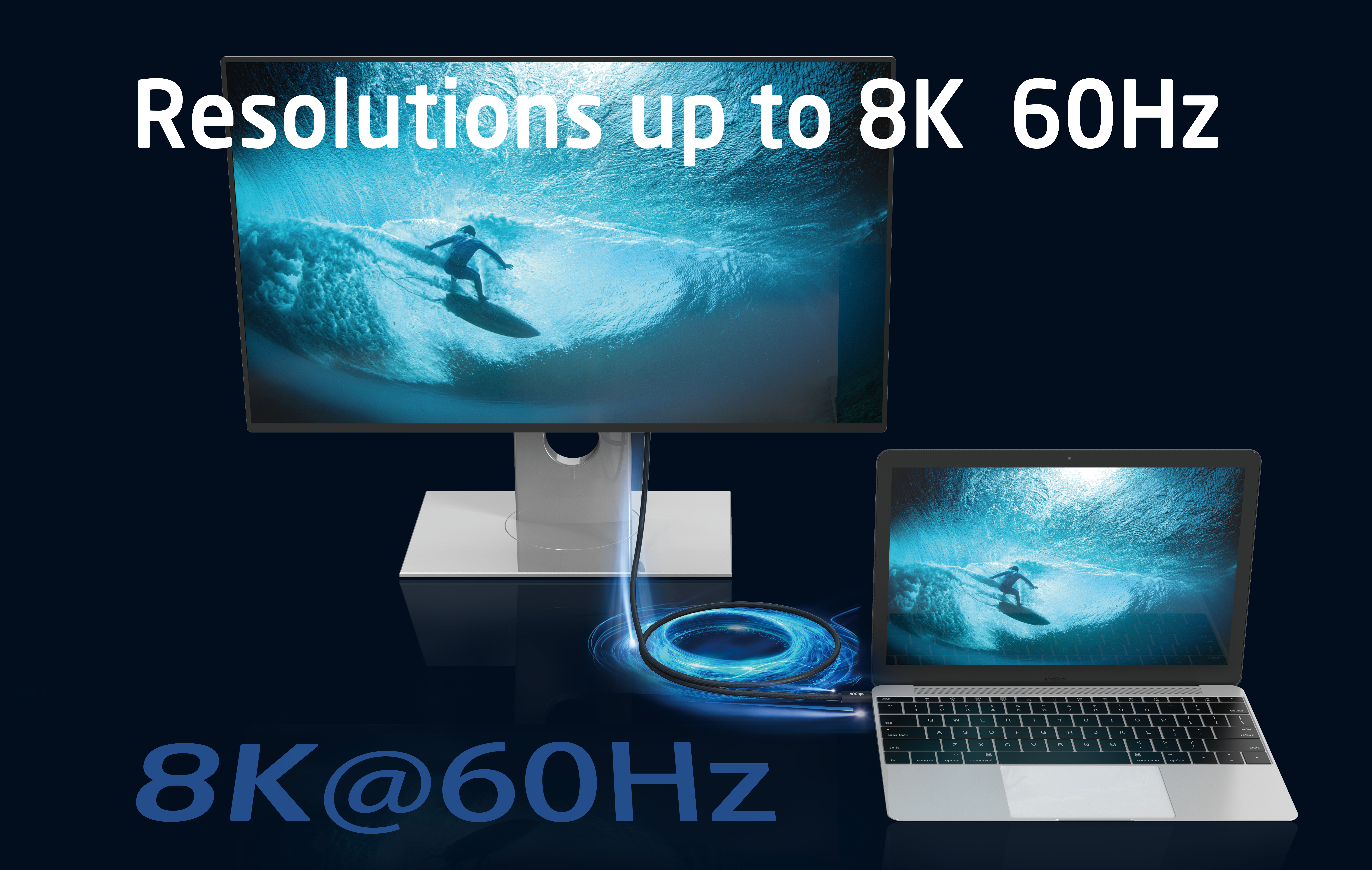 Un laptop collegato a un monitor. Entrambi mostrano un surfista su un'onda, con il testo '8K@60Hz'.