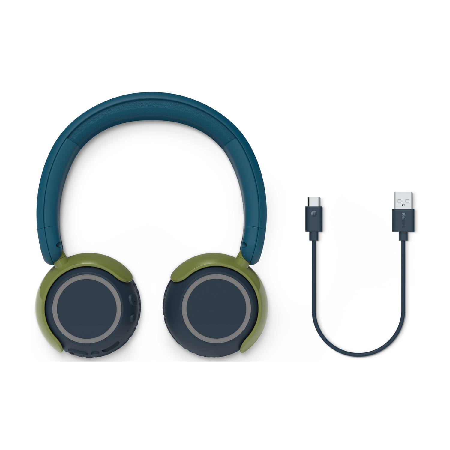 Cuffie con archetto blu e padiglioni verdi. Cavo USB-C. Sfondo bianco.
