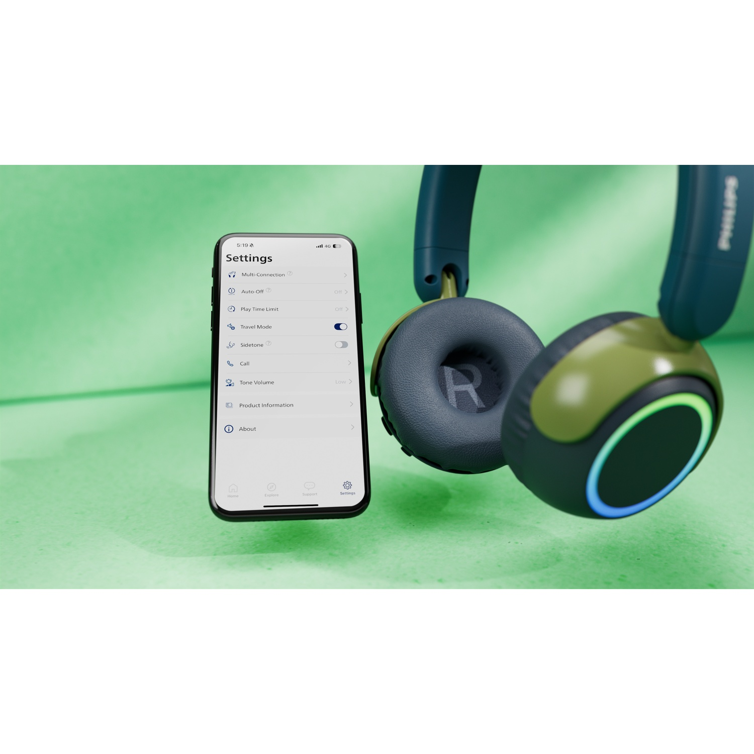 Cuffie con impostazioni su un telefono. Sfondo verde. Cuffie Philips.