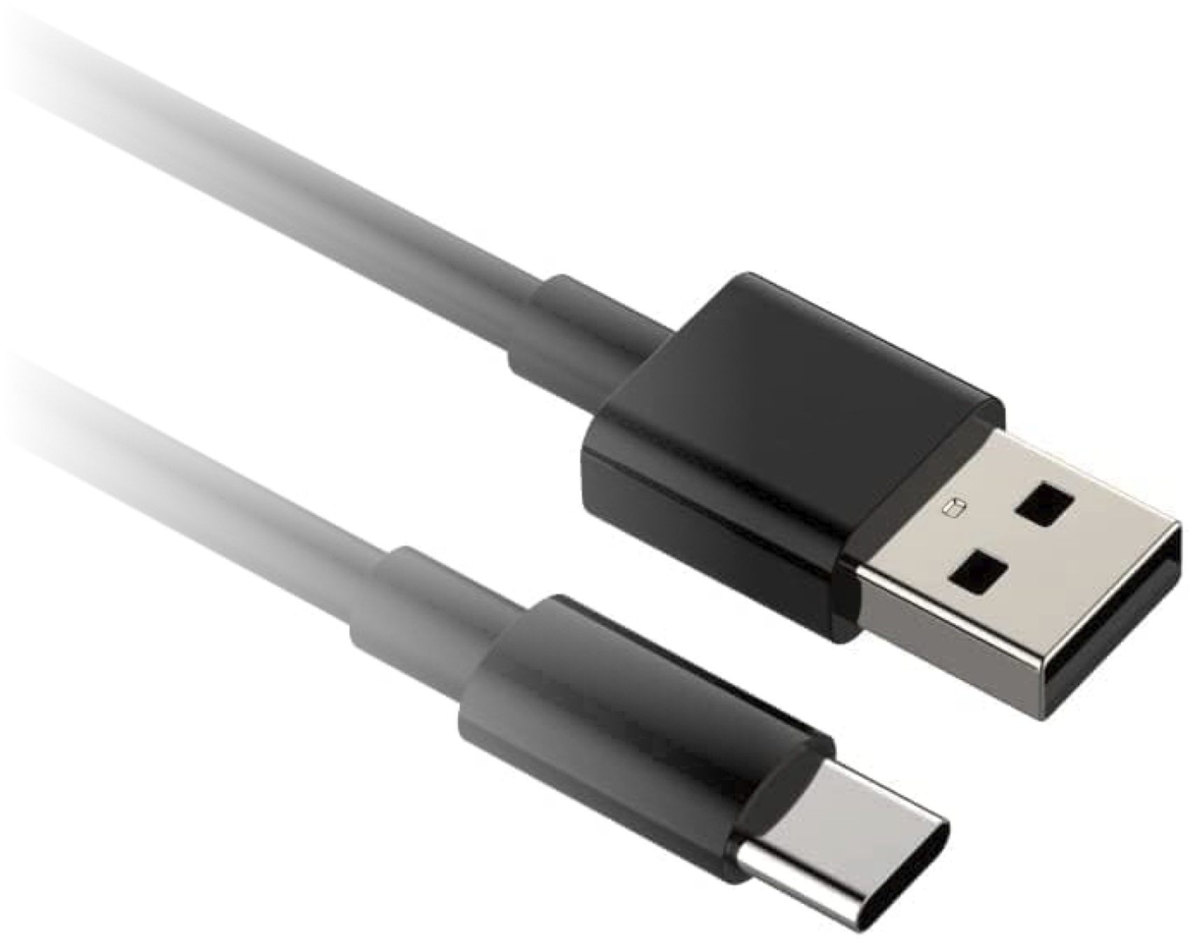Egy fekete USB-C – USB kábel, fekete csatlakozókkal és szürke kábellel fehér háttér előtt.