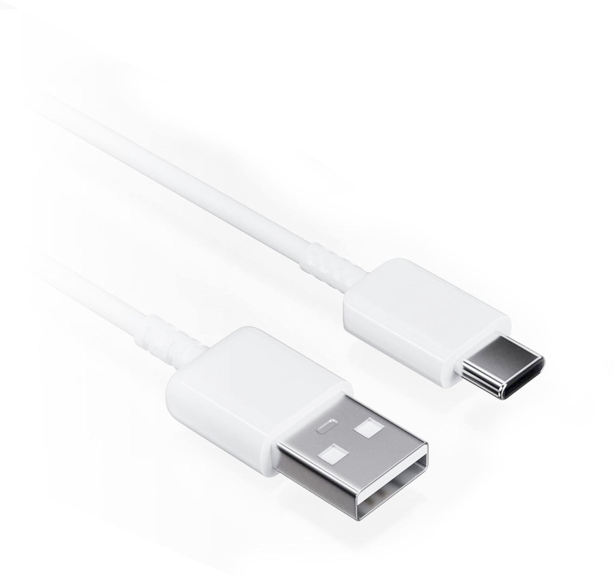 Egy fehér USB – USB-C kábel. Fehér csatlakozók mindkét végén, fehér háttér előtt.