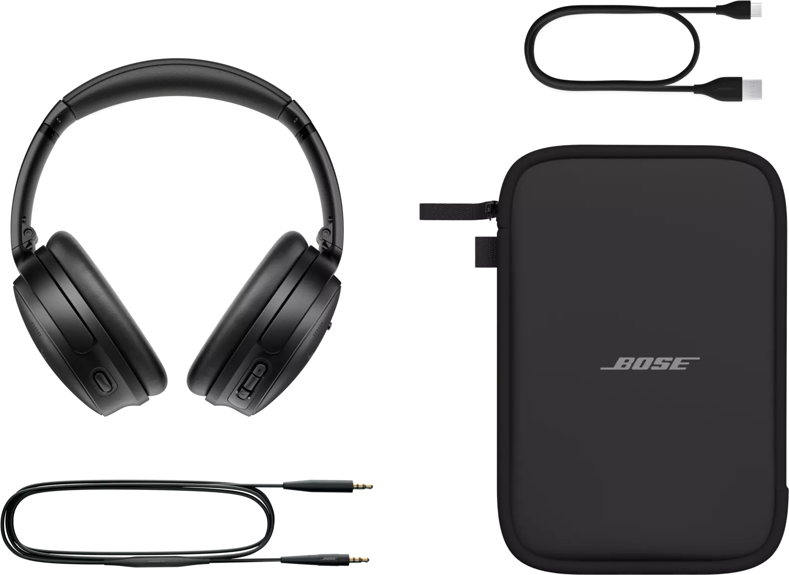 Cuffie, custodia di ricarica e cavi su sfondo nero. Logo Bose.
