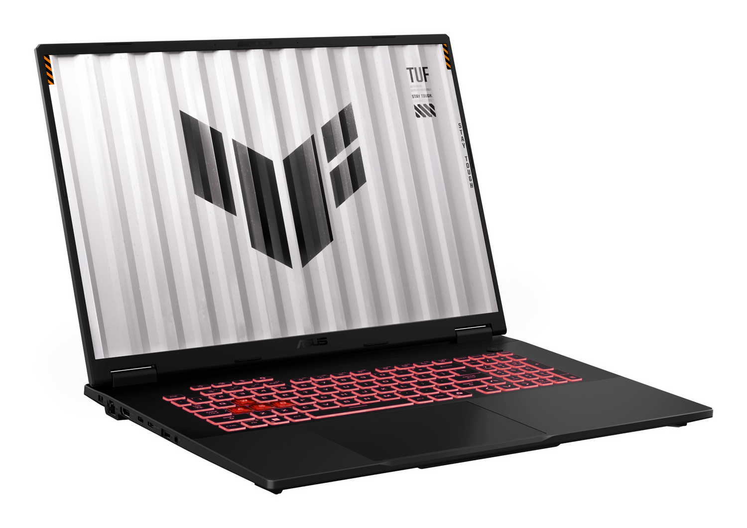 Portátil negro con pantalla blanca estampada, teclado retroiluminado rojo y el logotipo TUF.