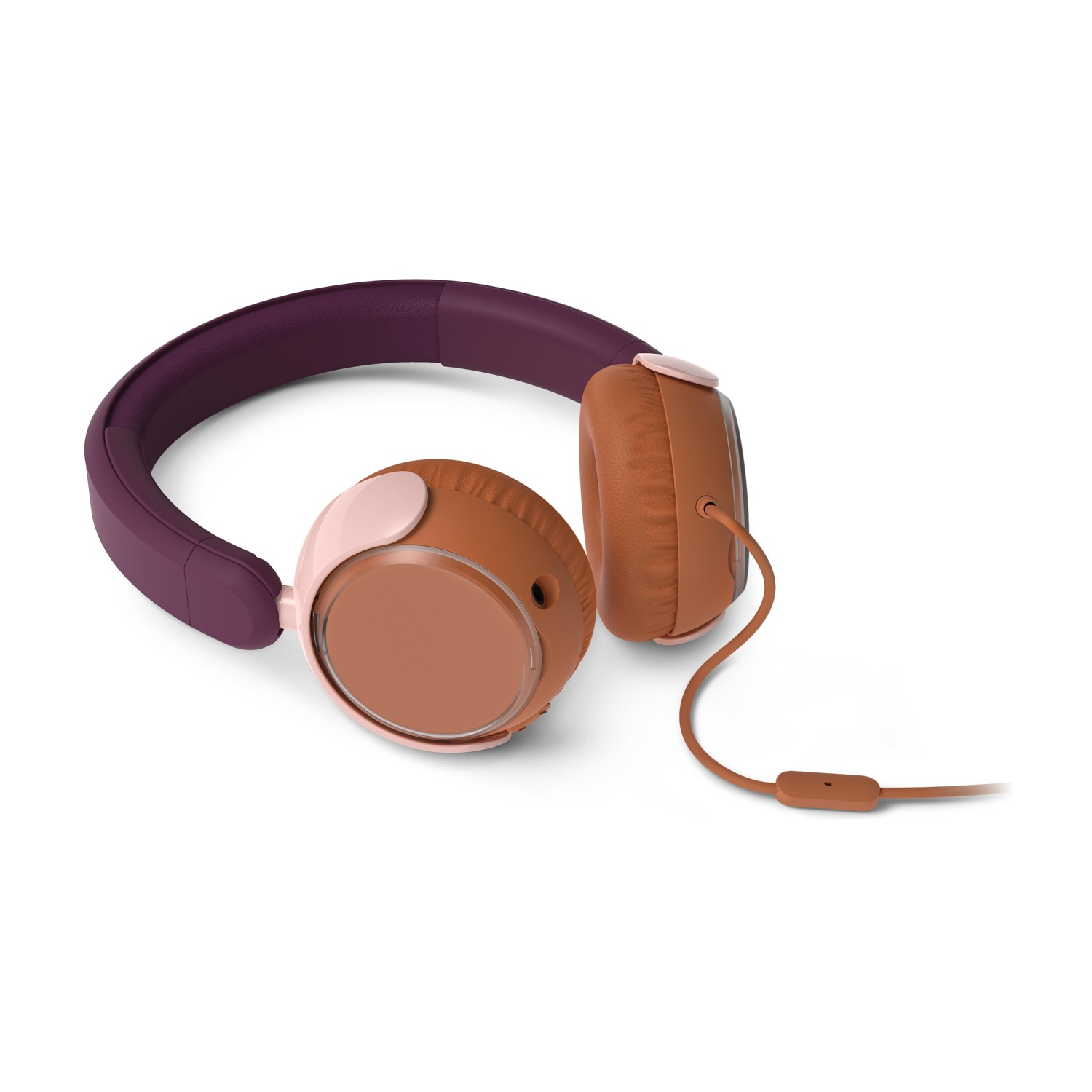 Cuffie, fascia viola, padiglioni marroni, accenti rosa. Cavo con connettore marrone. Sfondo bianco.