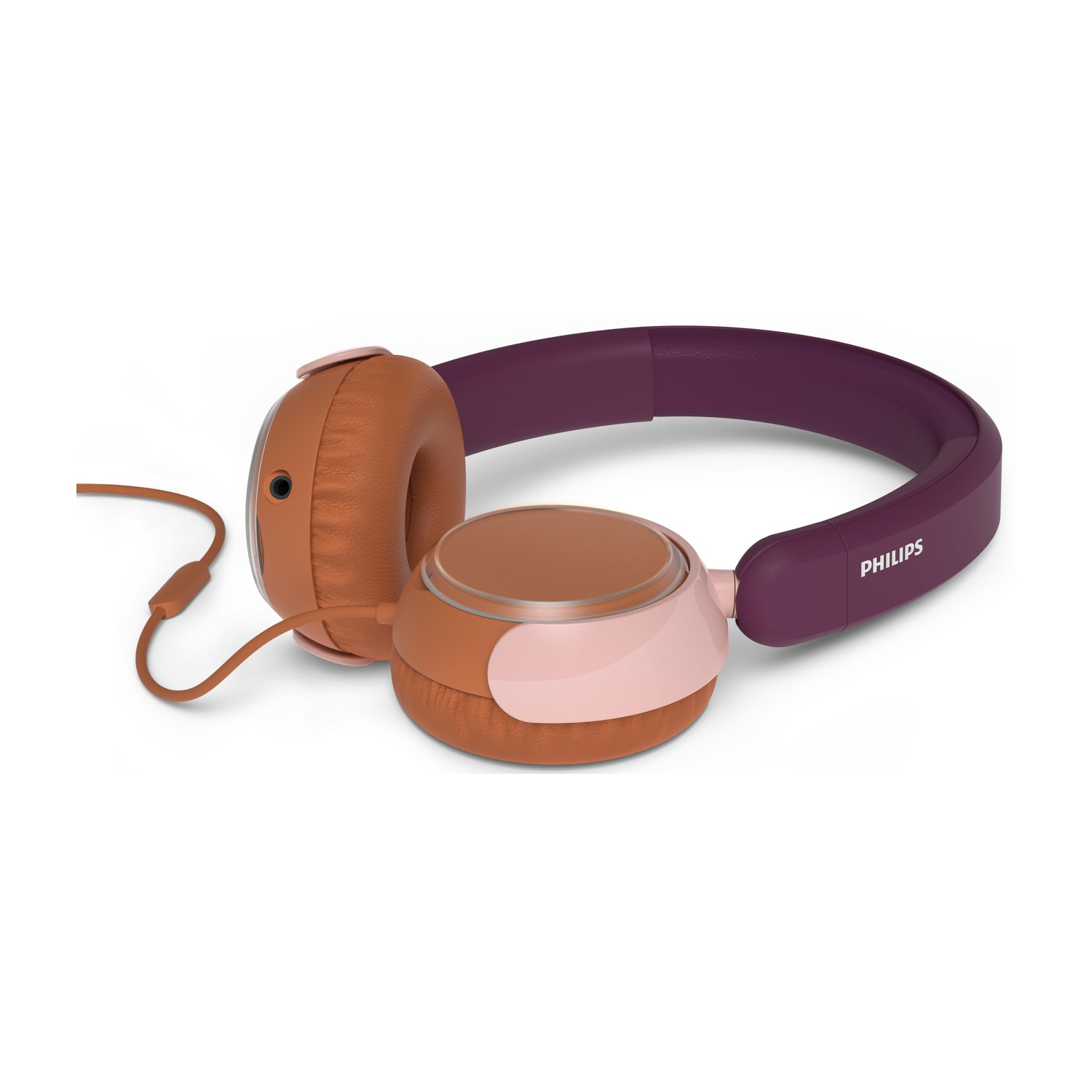 Cuffie, vista laterale, fascia viola, padiglione marrone. Sfondo bianco.