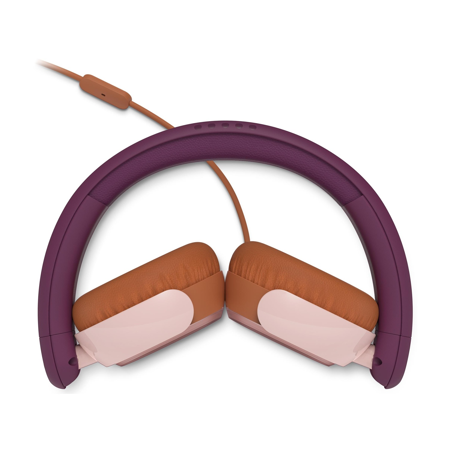 Cuffie, vista dall'alto, colori viola, marrone e rosa. Sfondo bianco.