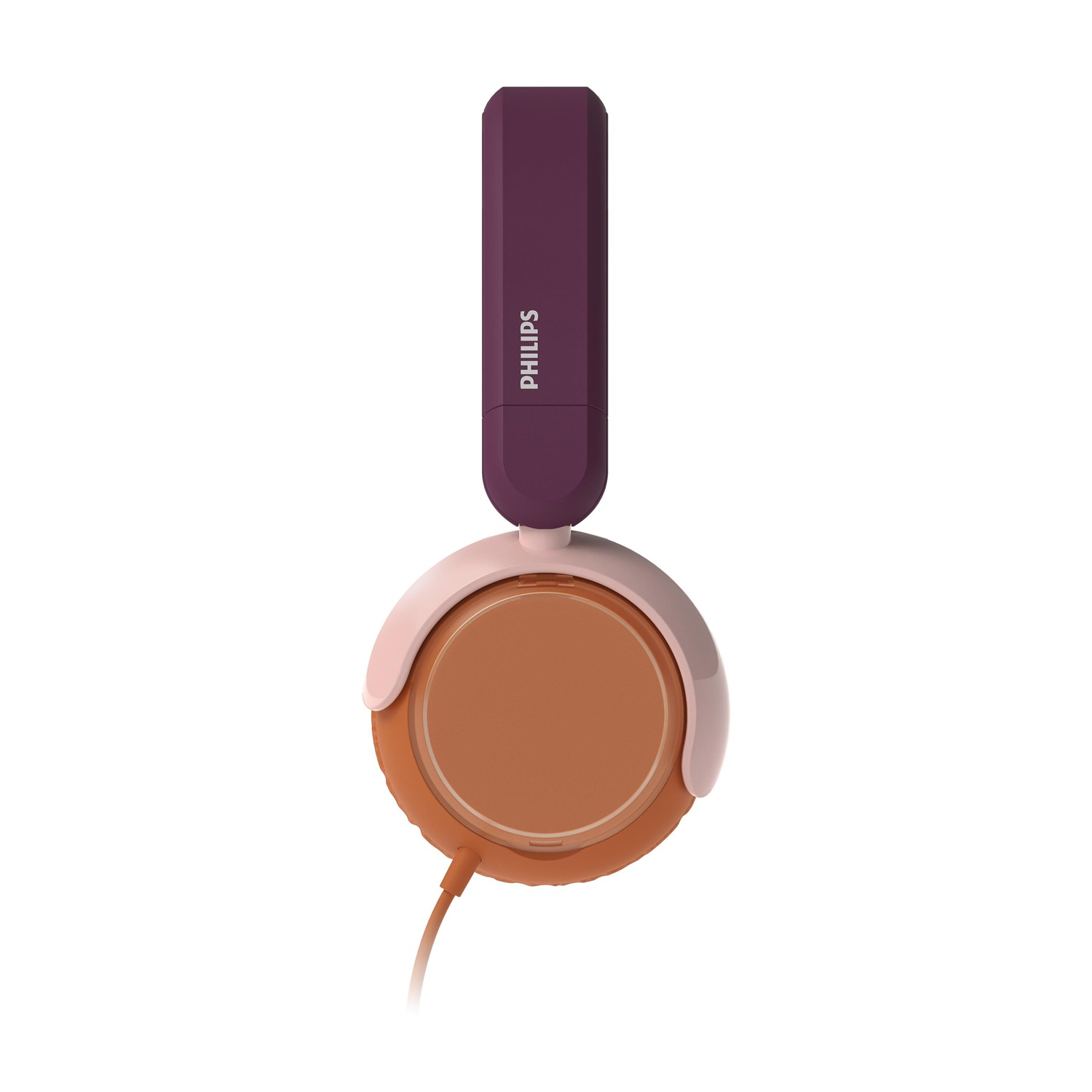 Cuffie, vista dall'alto. Archetto viola, padiglioni marroni con accenti rosa. Cavo arancione. Sfondo bianco.