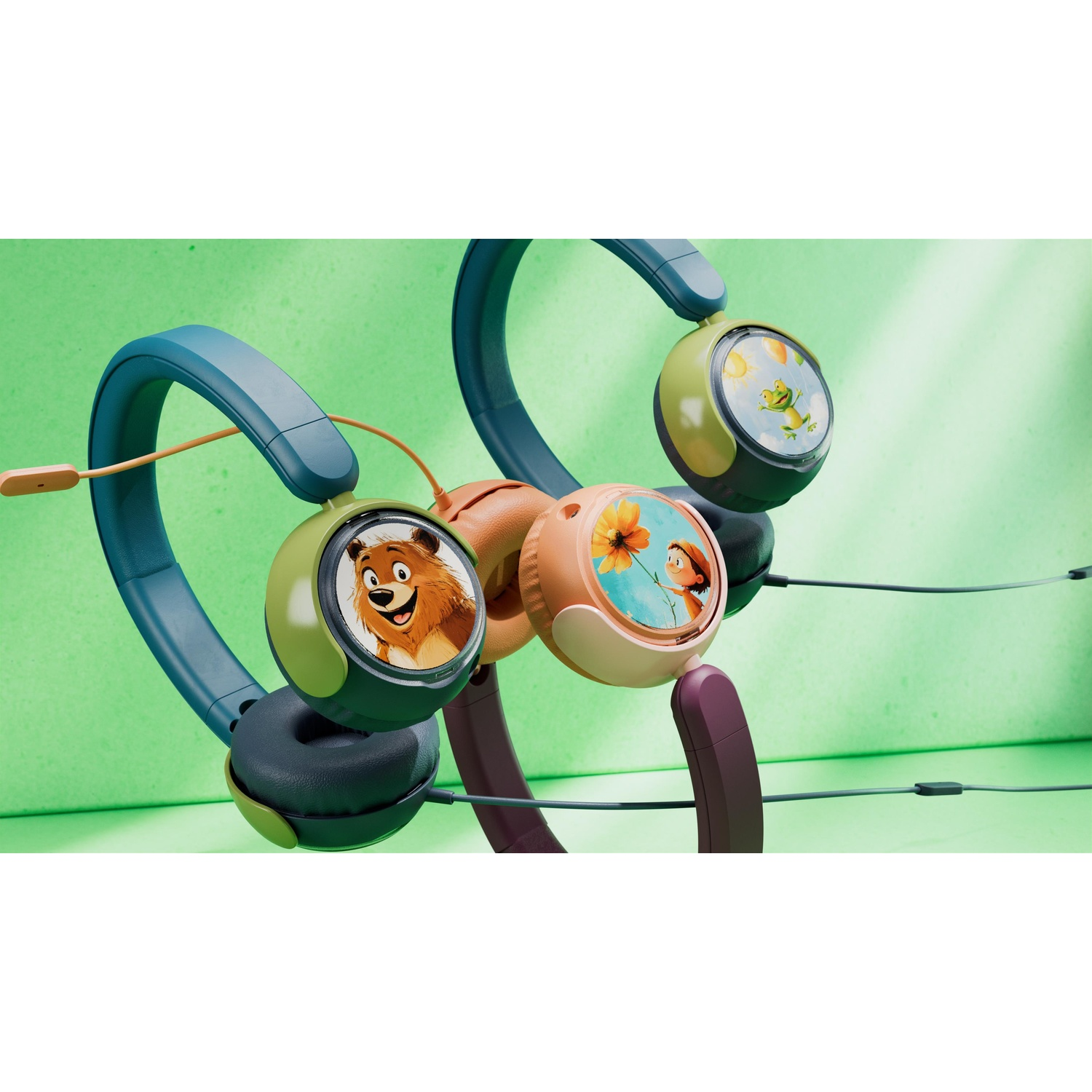 Cuffie con design per bambini. Immagini di cartoni animati sui padiglioni. Sfondo sfocato.