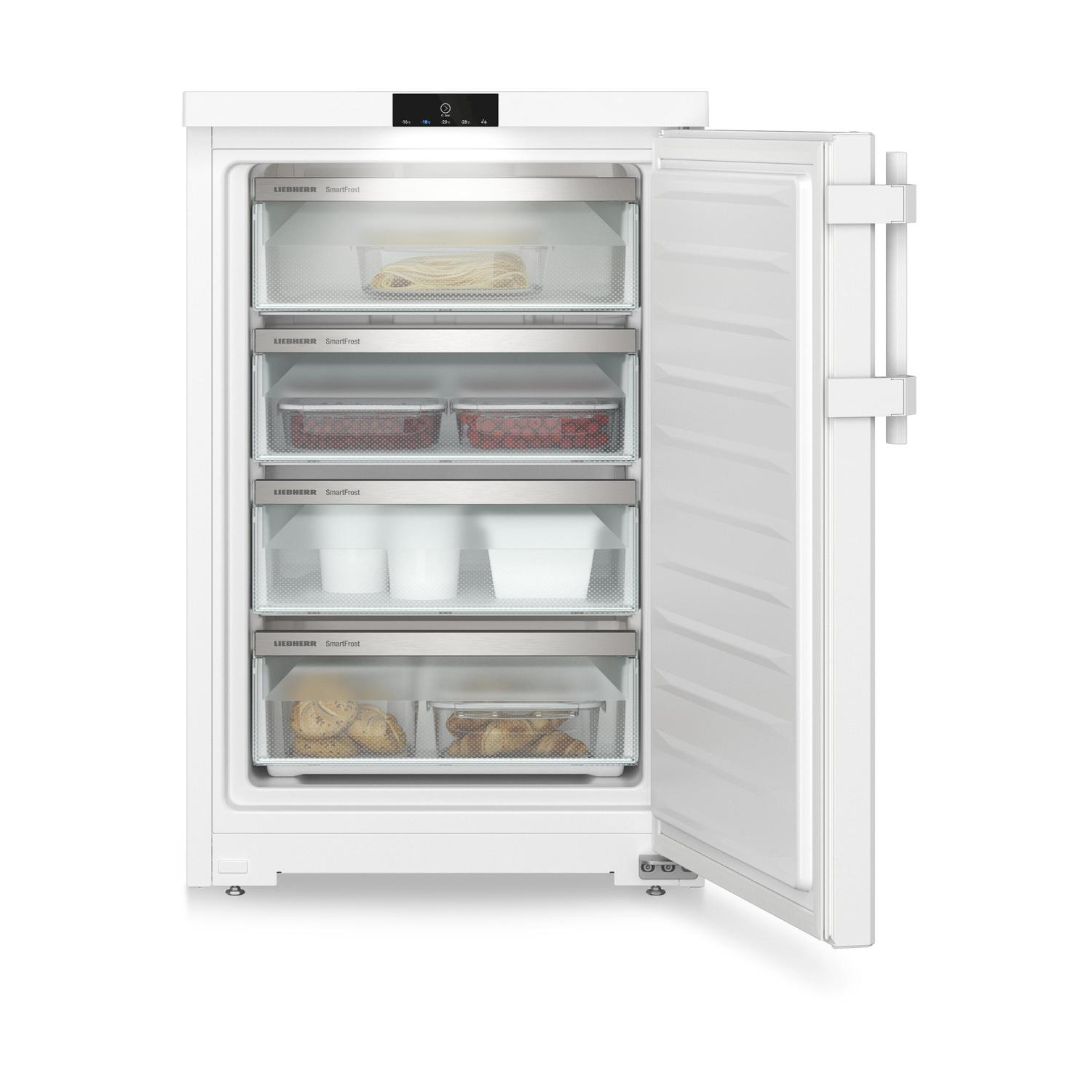 Congelatore Liebherr bianco, porta aperta, mostrando cassetti con cibo.