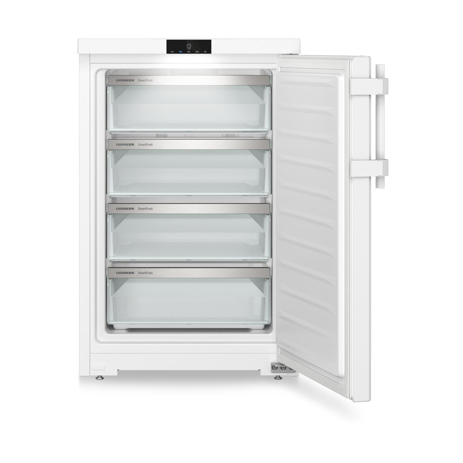 Congelatore Liebherr bianco, porta aperta, mostrando cassetti vuoti.