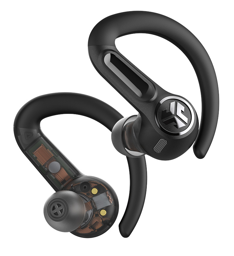 Czarna słuchawka z widocznymi elementami wewnętrznymi. Białe tło.