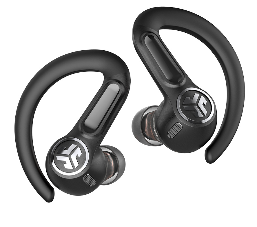 Dwa czarne słuchawki. Białe tło. Haczyki na uszy.