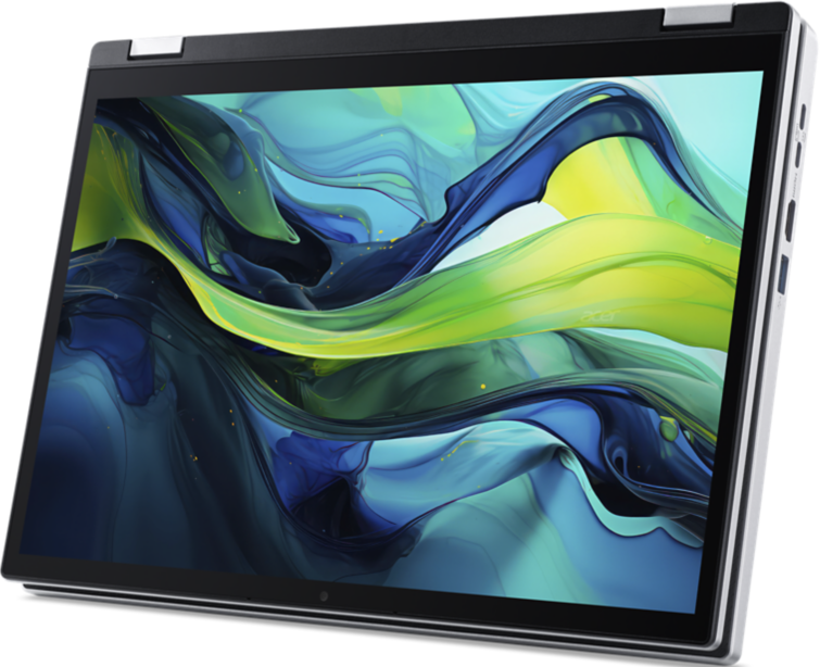 Laptop, offen, mit farbenfroher Darstellung abstrakter Kunst, auf weißem Hintergrund.