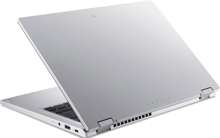 Silberner Laptop, geöffnet, mit zurückgeklapptem Bildschirm, zeigt das Acer Aspire Logo auf weißem Hintergrund.