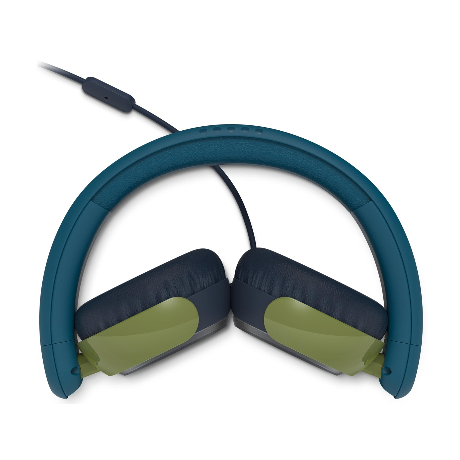 Le cuffie sono blu e verdi, piegate a metà, con un cavo nero.