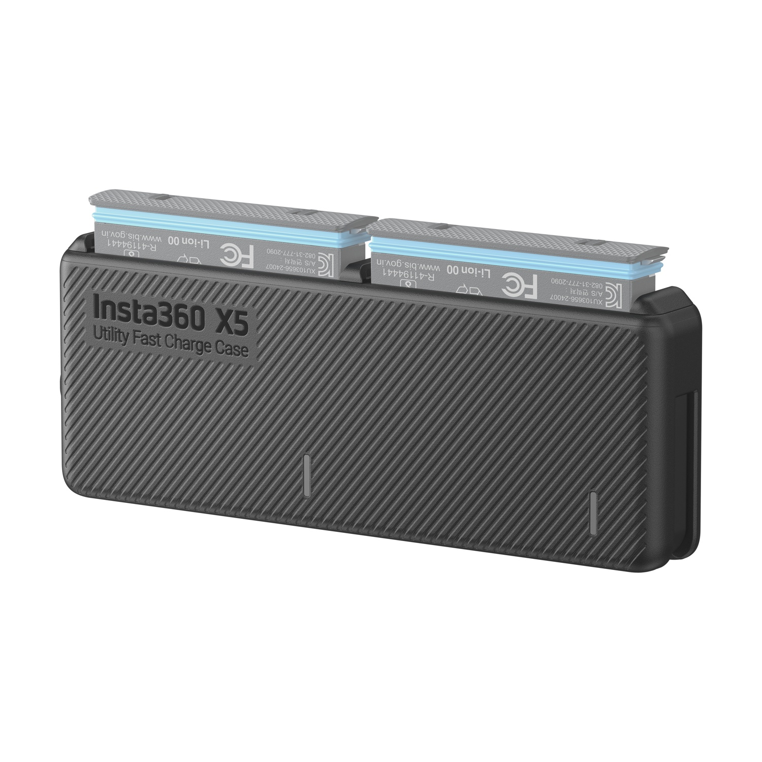 Custodia di ricarica rapida Insta360 X5 nera con batterie inserite, testo visibile.