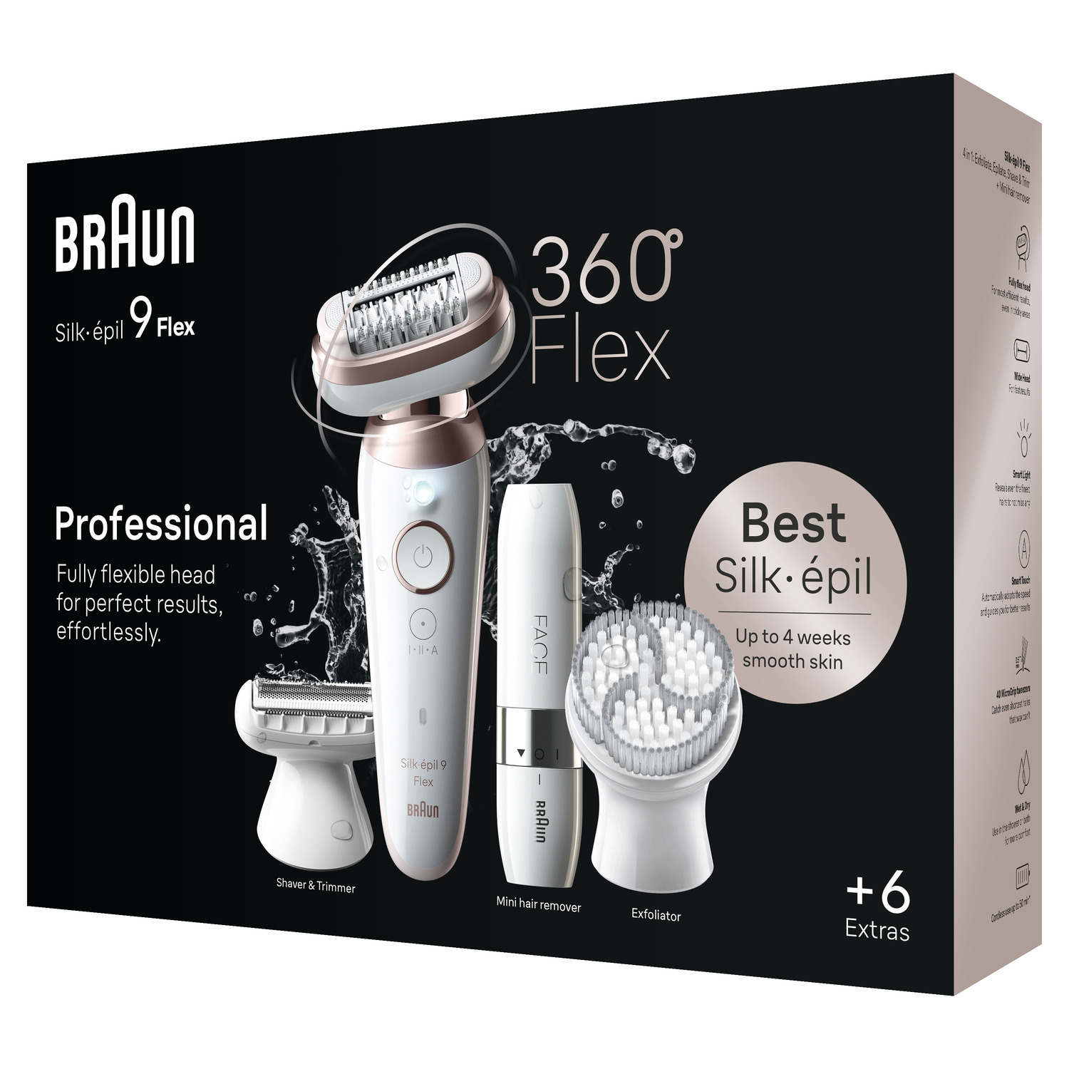 Coffret pour un Braun Silk-épil 9 Flex. Contient épilateur, tondeuse, brosse et accessoires. Rose et blanc.