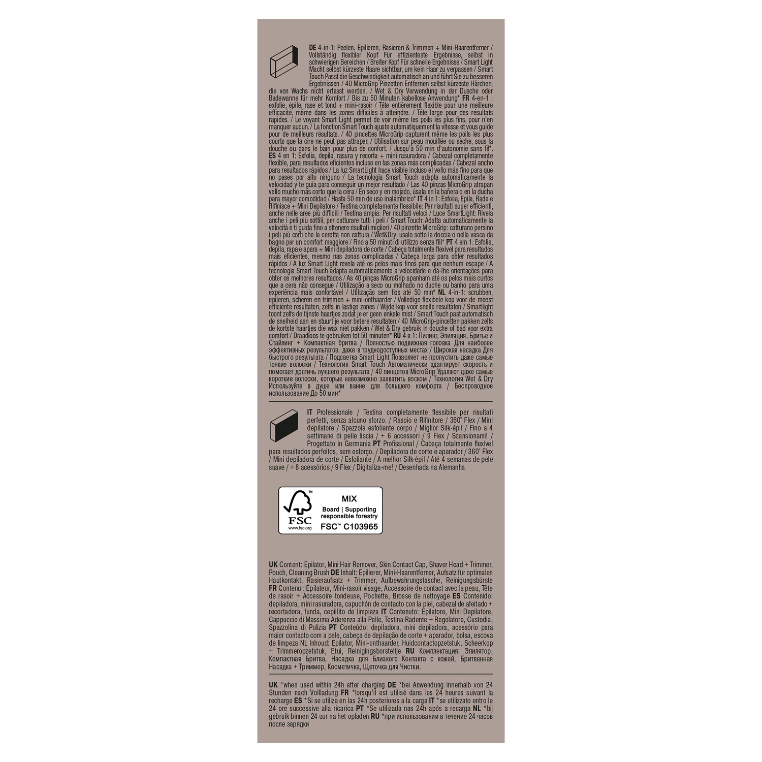Emballage rempli de texte pour un produit, avec divers textes.
