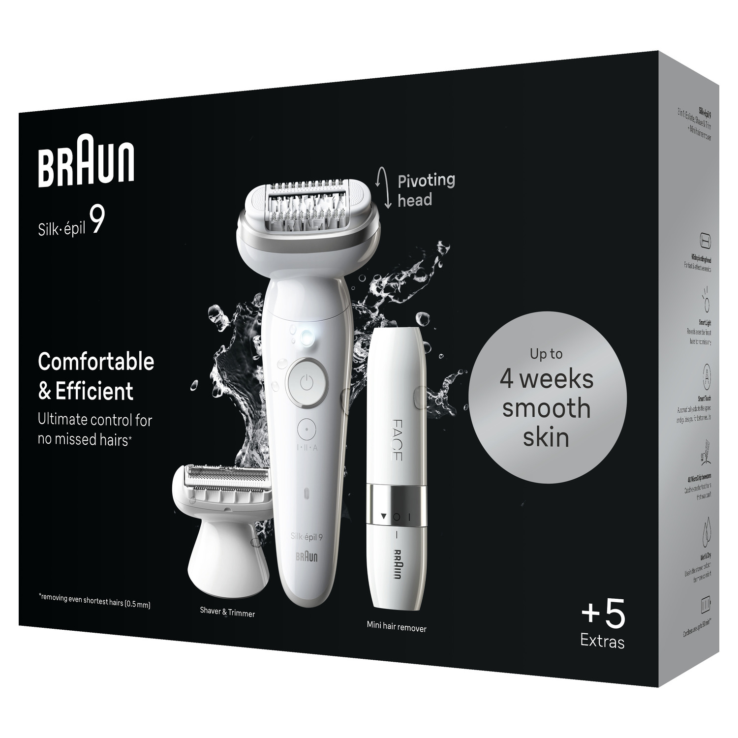 Braun Silk-épil 9 Flex set: epilator, mini ontharing en scheerapparaat/trimmer. Zwarte doos met extra's.