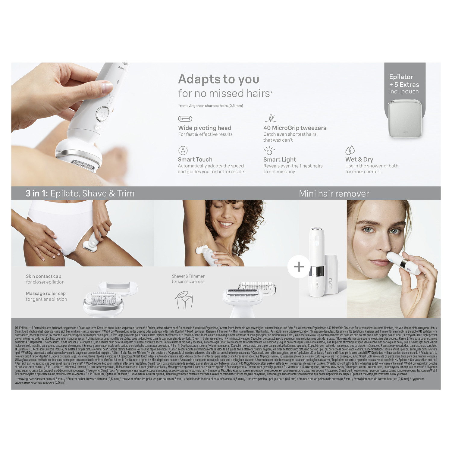 Een witte Braun Silk-épil 9 epilator en opzetstukken op een witte achtergrond.