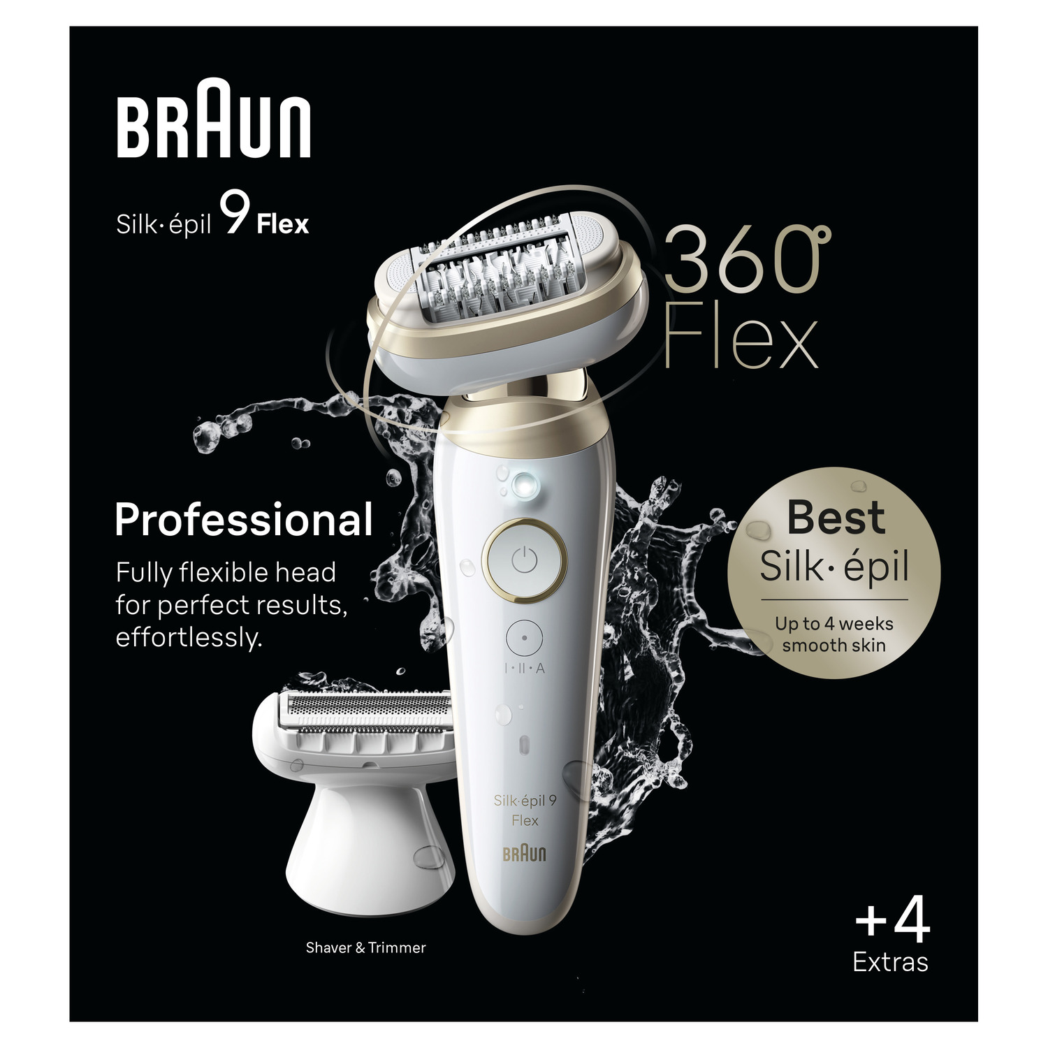 A white and gold Braun Silk-épil 9 Flex epilator with attachments.