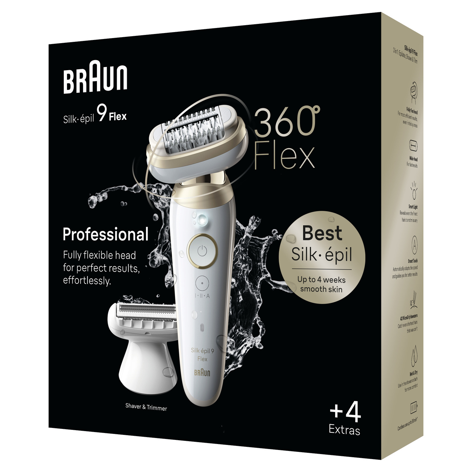 Braun Silk-épil 9 Flex set: epilator, mini hair remover, and shaver/trimmer. Black box with extras.