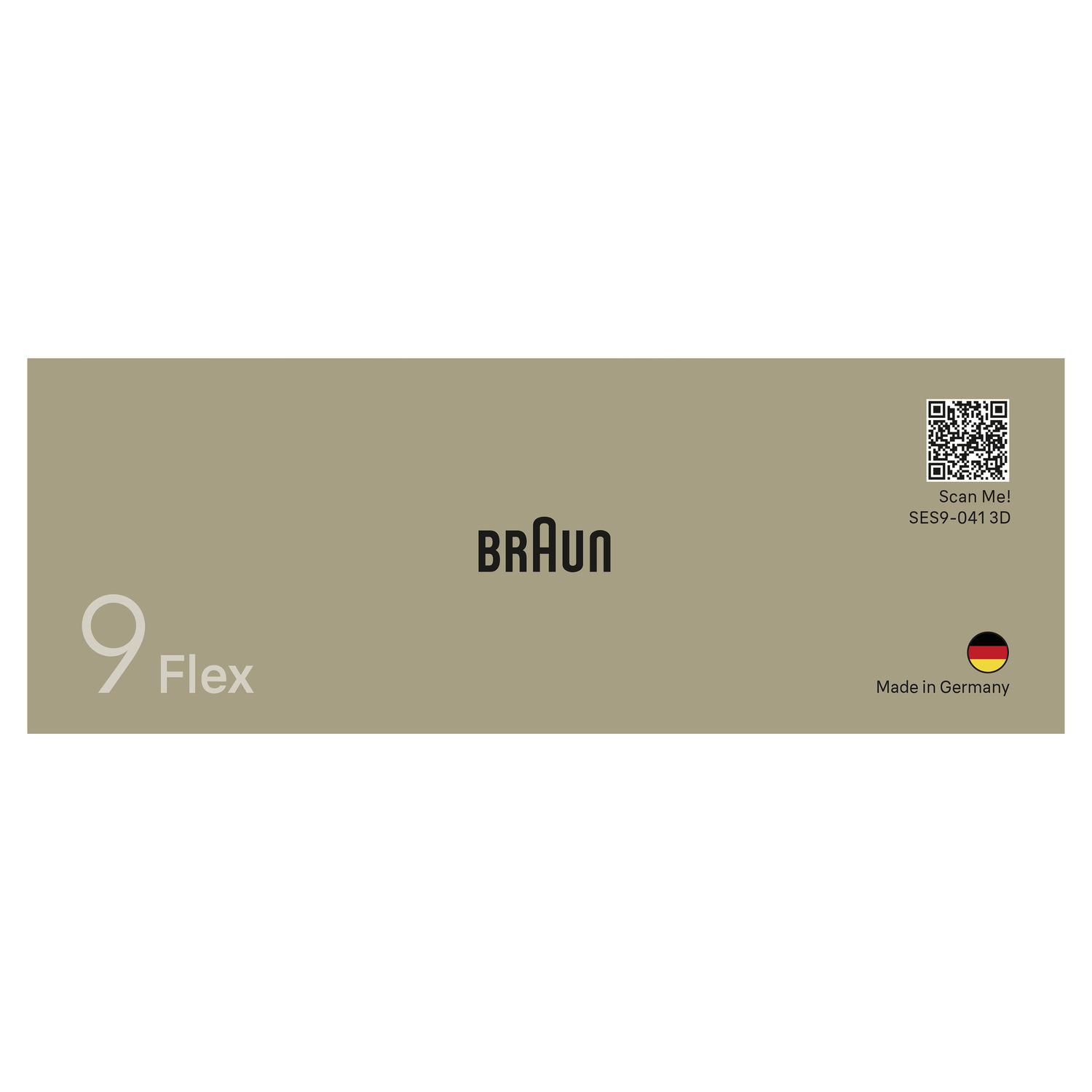 Braun 9 Flex packaging with Braun logo, product name, and Made in Germany text. A QR code is on the right.
