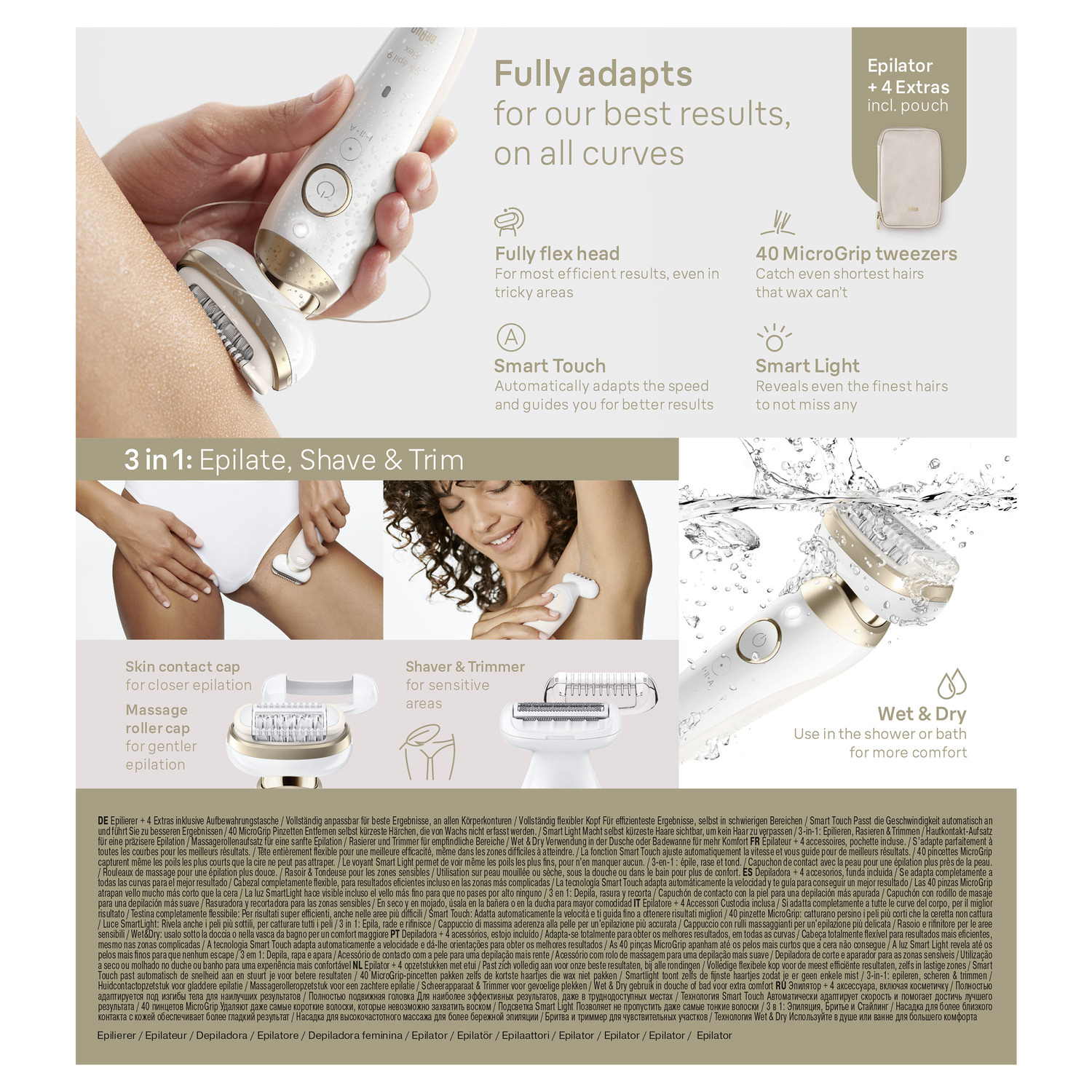 An epilator with attachments. Woman is using it on her leg. Text highlights features, including Smart Light and 40 MicroGrip tweezers.